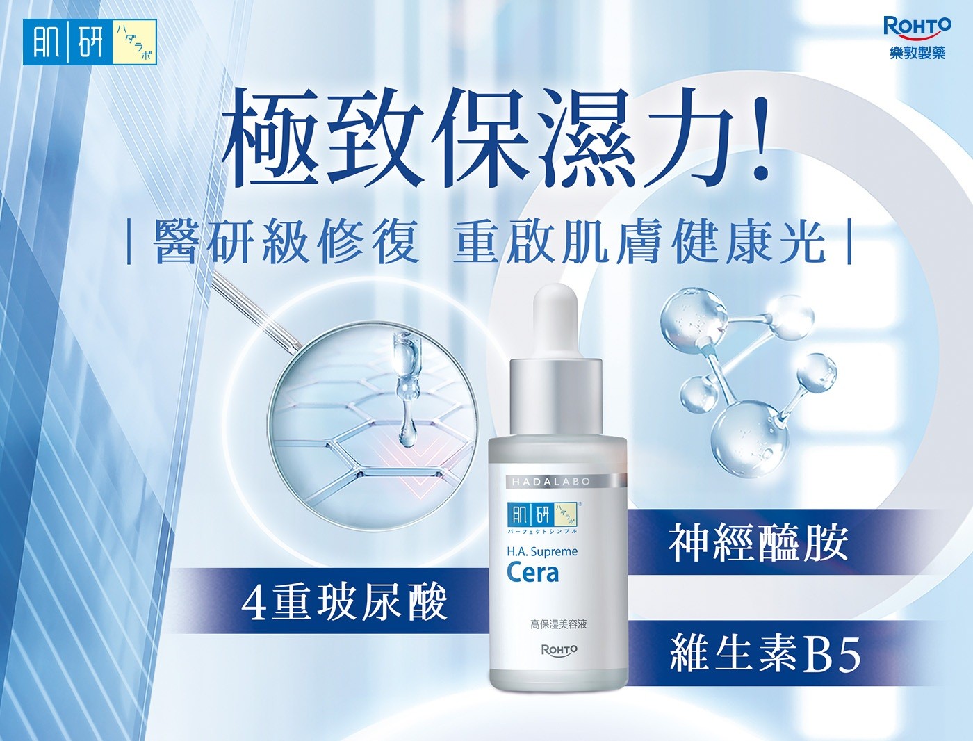 極致保濕力! |醫研級修復 重啟肌膚健康光| HADALABO 神經醯胺 バーフェクトシンブル H.A. Supreme 4重玻尿酸 Cera 高保湿美容液 ROHTO 維生素B5