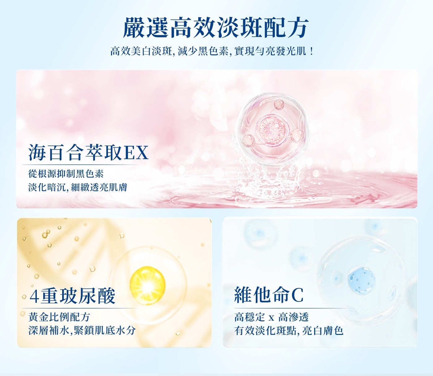 嚴選高效淡斑配方 高效美白淡斑,減少黑色素,實現勻亮發光肌! 海百合萃取EX 維他命C 黃金比例配方 高穩定x高滲透 深層補水,緊鎖肌底水分 有效淡化斑點,亮白膚色