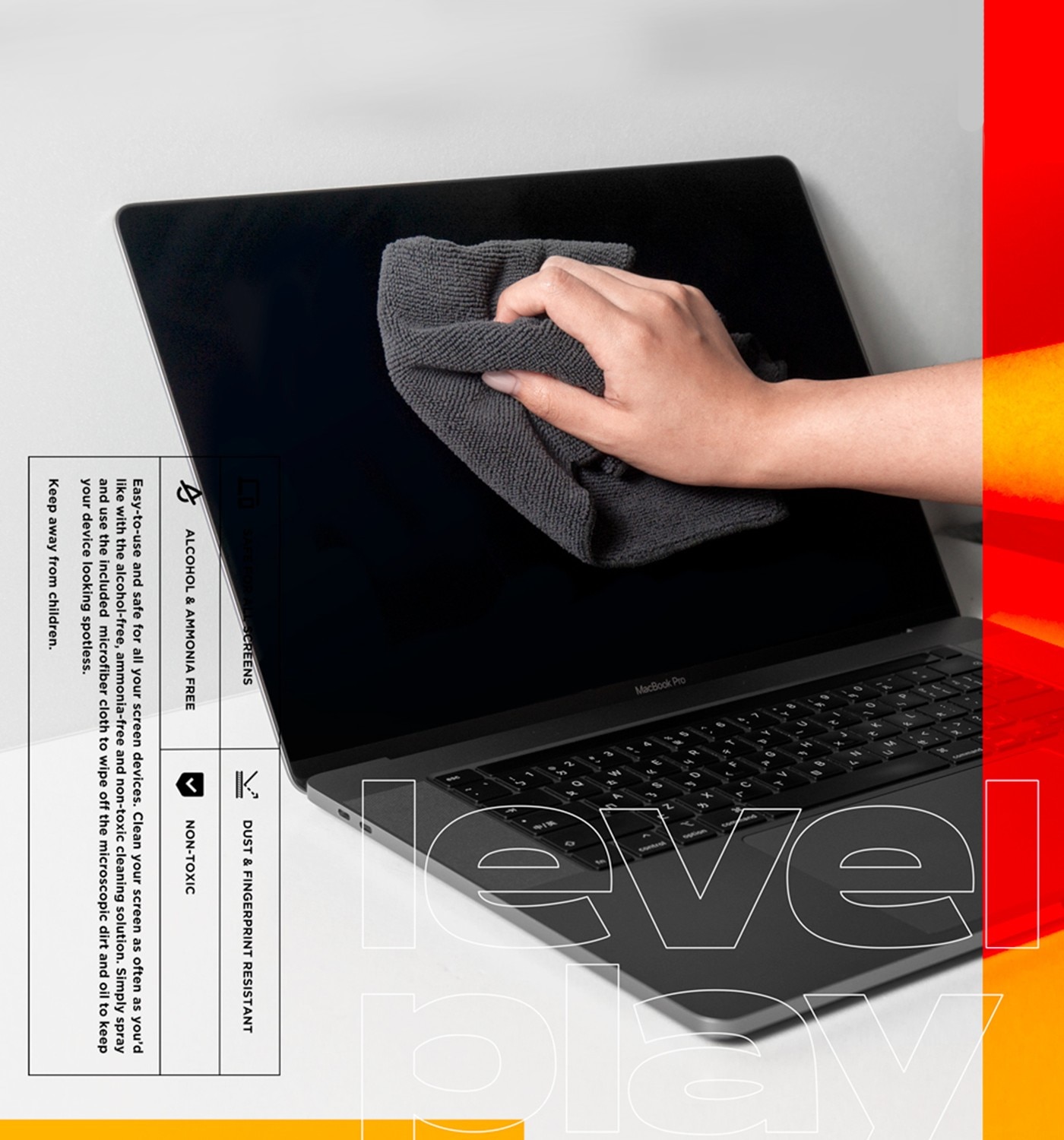 LD SAFE FOR ALL SCREENS ALCOHOL AMMONIA FREE MacBook Pro vel DUST FINGERPRINT RESISTANT and safe...