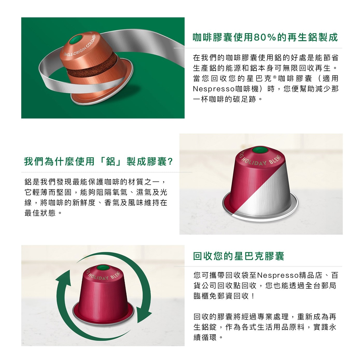 我們為什麼使用鋁製成膠囊 鋁是我們發現最能保護咖啡的材質之1, 它輕薄而堅固,能夠阻隔氧氣濕氣及光 線,將咖啡的新鮮度香氣及風味維持在 最佳狀態