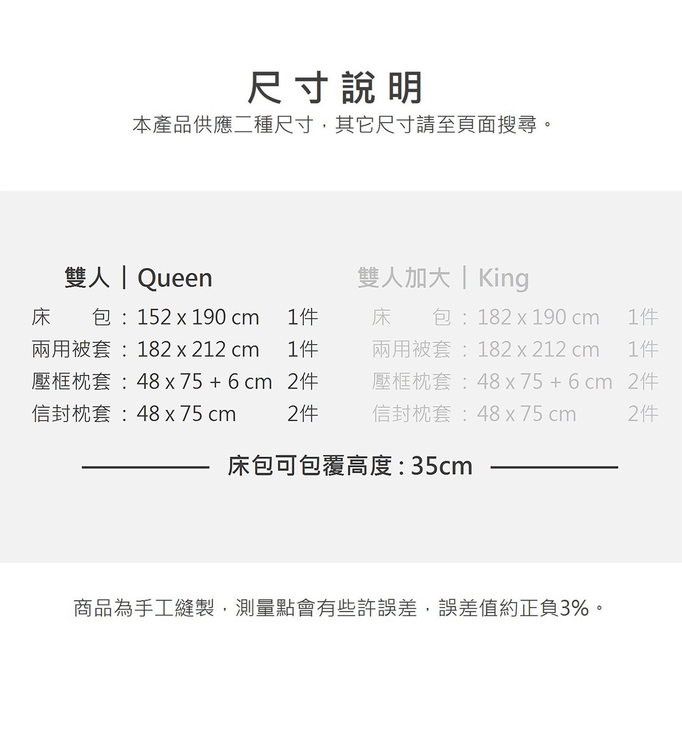尺寸說明 本產品供應二種尺寸,其它尺寸請至頁面搜尋。 雙人 Queen 雙人加大King