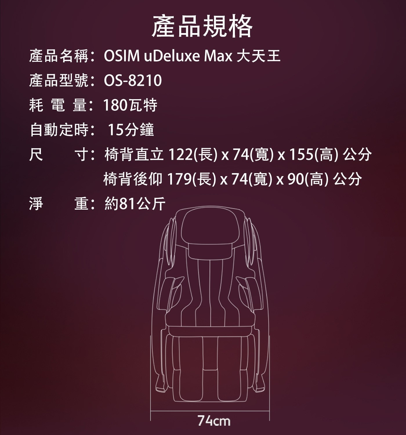 產品規格 產品名稱:OSIM uDeluxe Max 大天王 產品型...尺寸:椅背直立122長x74寬x155高公分 椅背後仰179長x74寬x90高公分 淨重:約81公斤 74cm