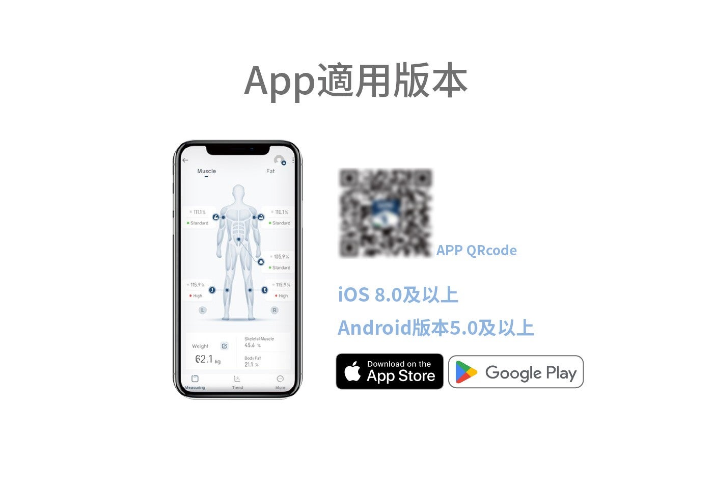 App 適用版本 Muscle Fat Standard APP QRcode Weight kg Measuring Trend Skeletal Body High iOS Android 版本 5.