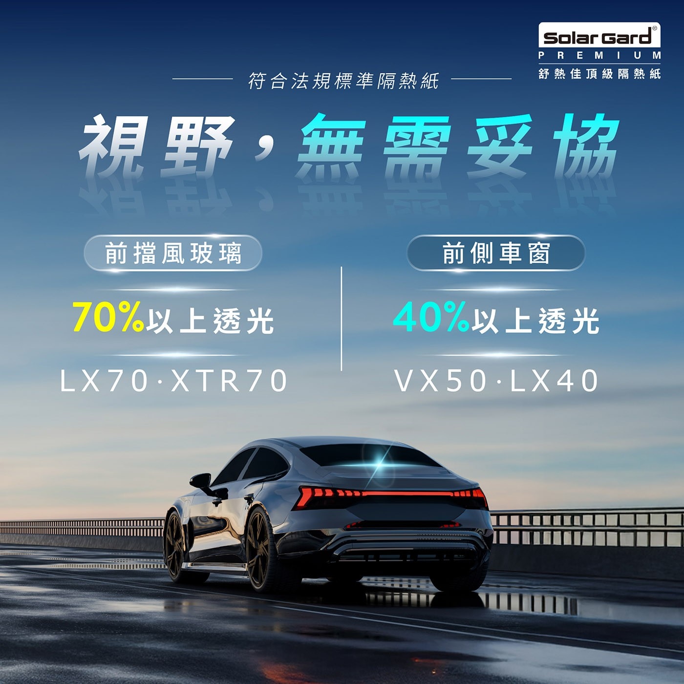 符合法規標準隔熱紙 Solar Gard® PREMIUM 舒熱佳頂級隔熱紙 視野,無需妥協 前擋風玻璃 70以上透光 LX70.XTR70 前側車窗 40以上透光 VX50.LX40