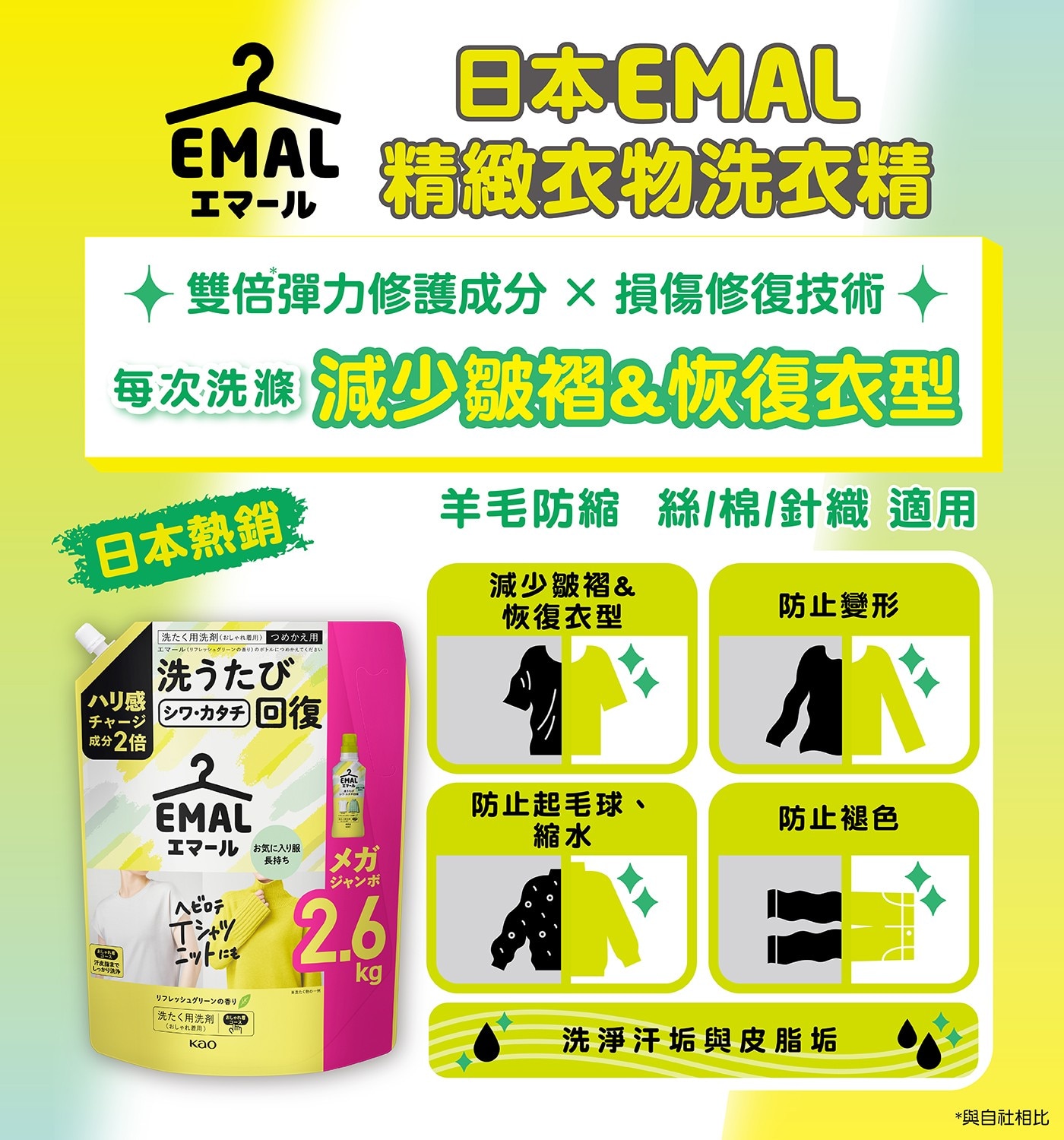 日本EMAL精緻衣物洗衣精,雙倍彈力修護成分,損傷修復技術,每次洗滌減少皺褶以及恢復衣型,羊毛防縮,斯,眠,針織都適用.