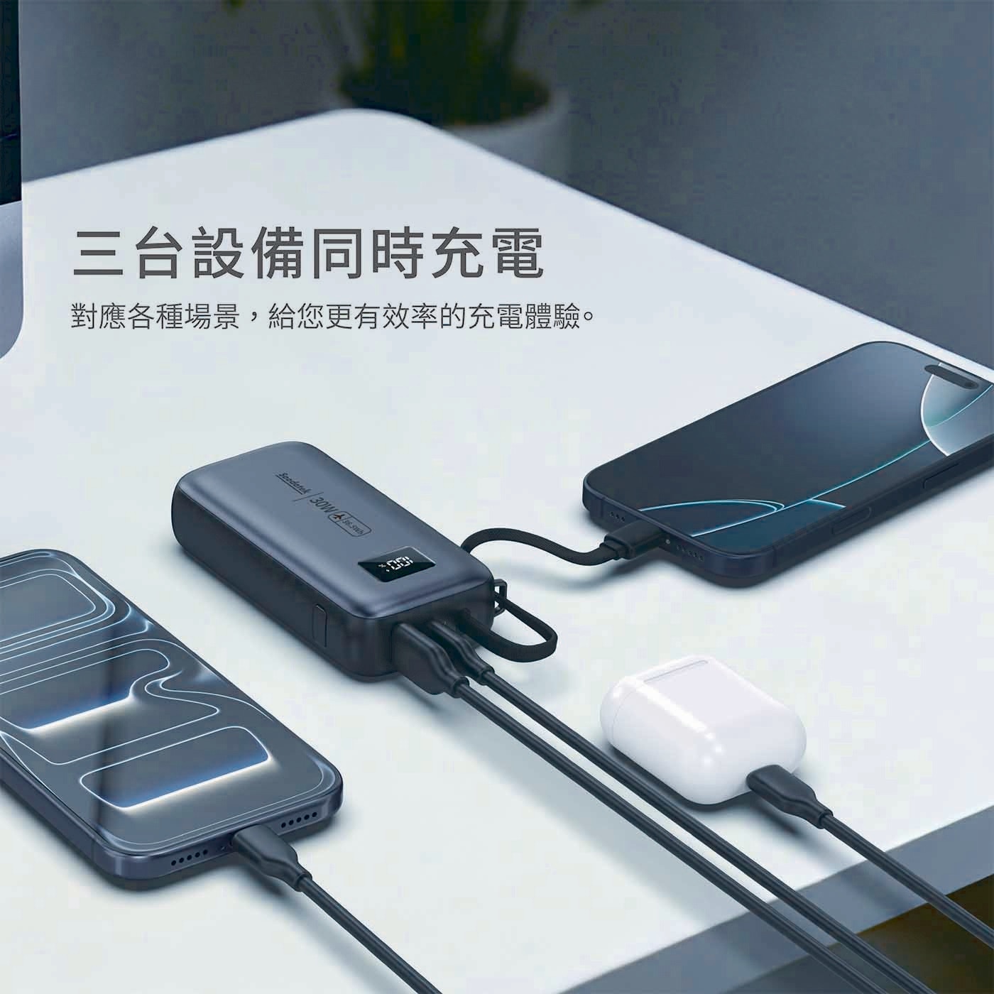 三台設備同時充電 對應各種場景,給您更有效率的充電體驗。 Soodatek 30W