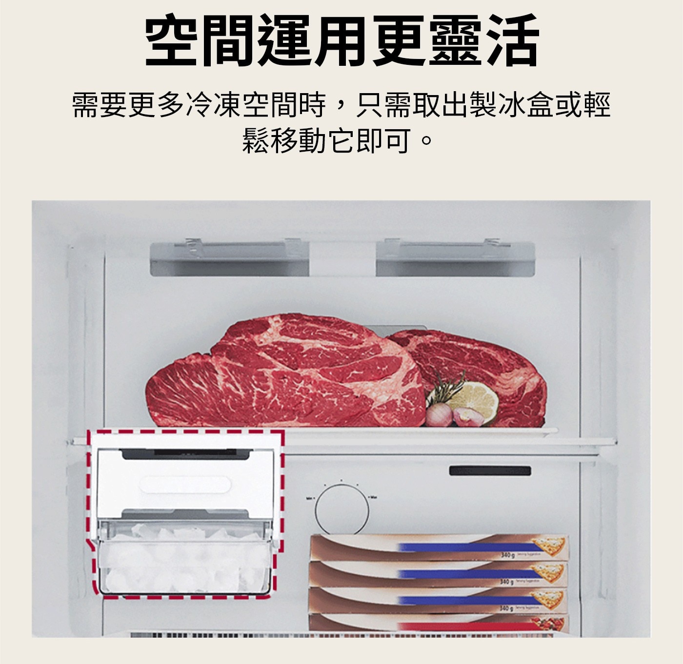 空間運用更靈活 需要更多冷凍空間時,只需取出製冰盒或輕 鬆移動它即可。 340g 3409