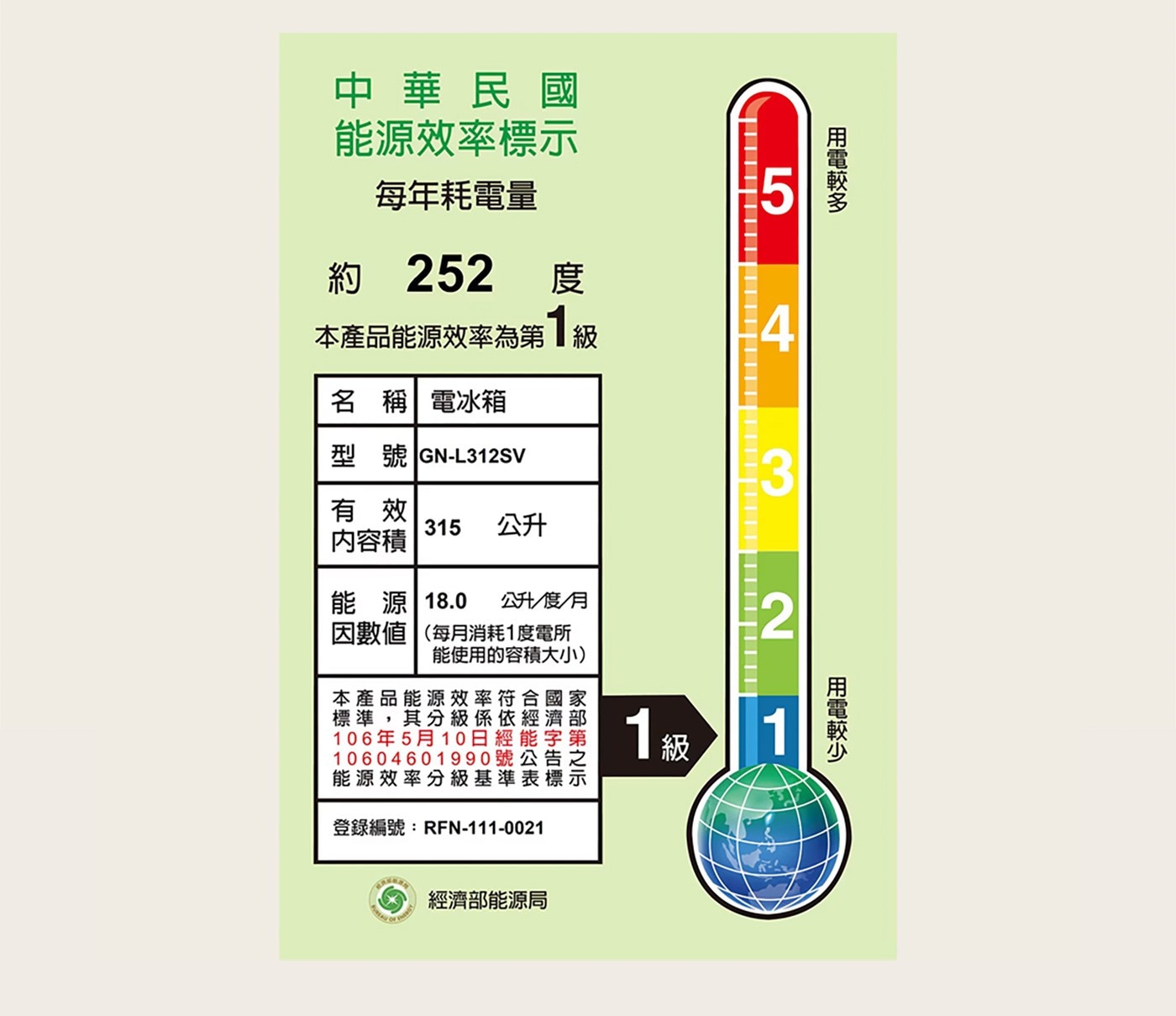 中華民國 能源效率標示 每年耗電量 5 用電較多 約 252 度 本產品能源效率為第1級 £4