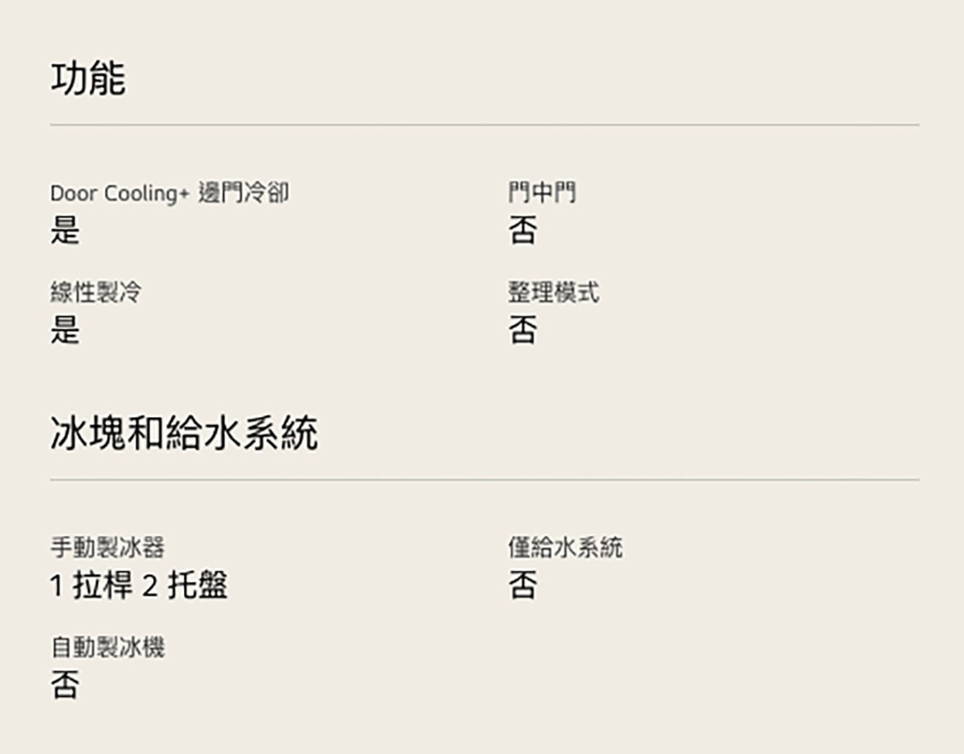 功能 Door Cooling+邊門冷卻 是 門中門 否 線性製冷 冰塊和給水系統 整理模式