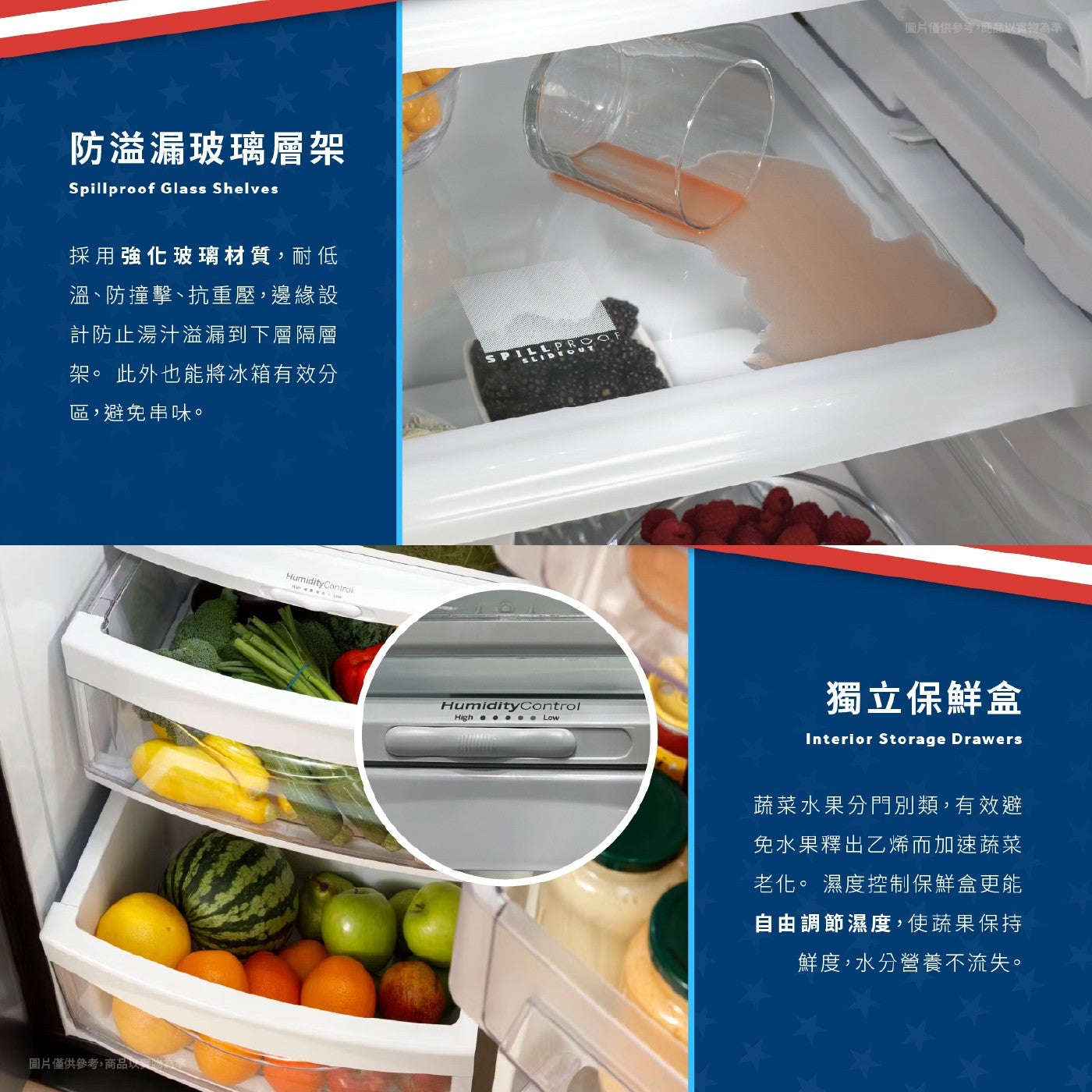 防溢漏玻璃層架 Spillproof Glass Shelves 採用強化玻璃材質,耐低 溫、防撞擊、抗重壓,邊緣設 計防止湯汁溢漏到下層隔層 架。 此外也能將冰箱有效分 區,避免串味。