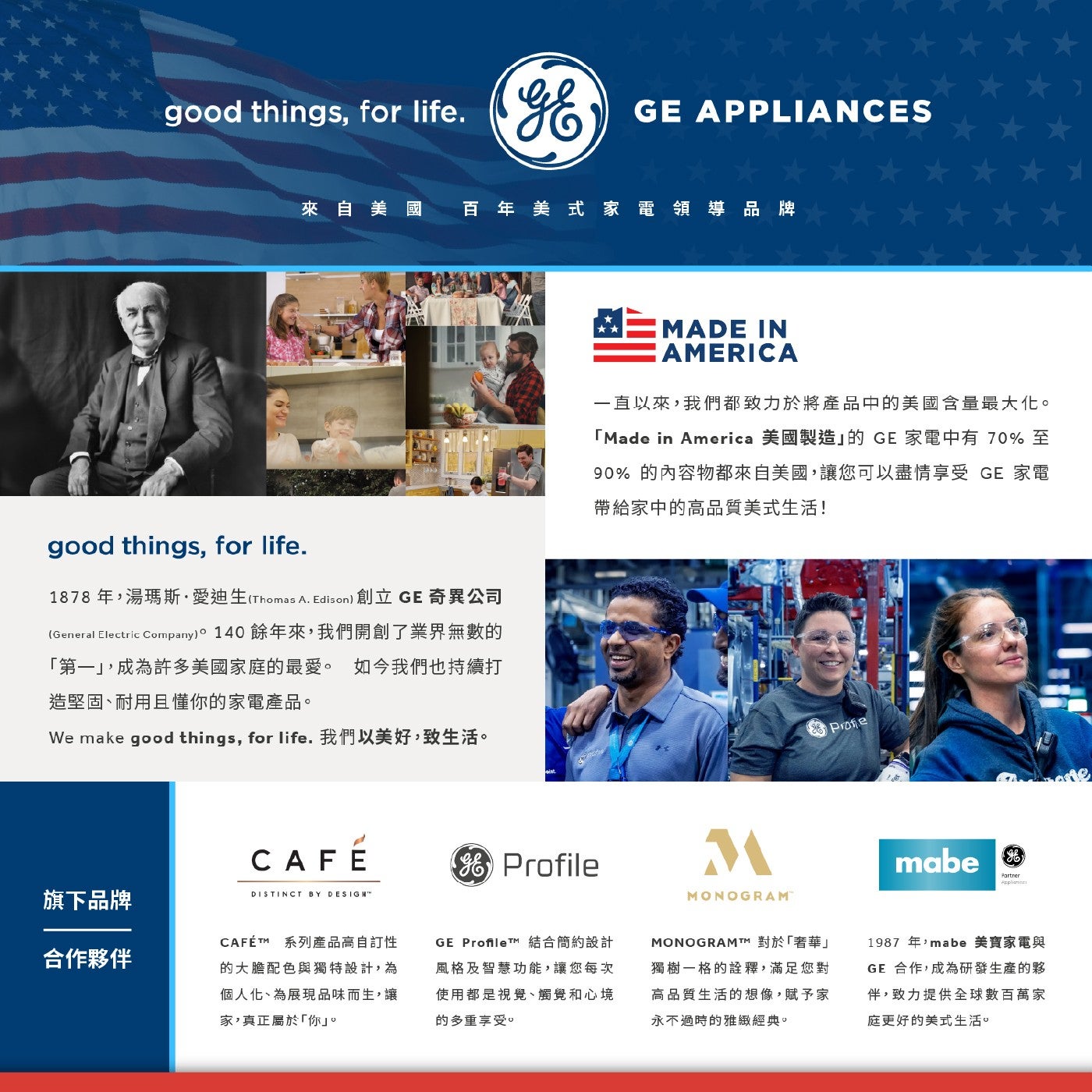 good for GE APPLIANCES 來自美國 百年 美式家電領導品牌 1878年,湯瑪斯愛迪生Thomas Edison 創立 奇異公司 General Electric Company。