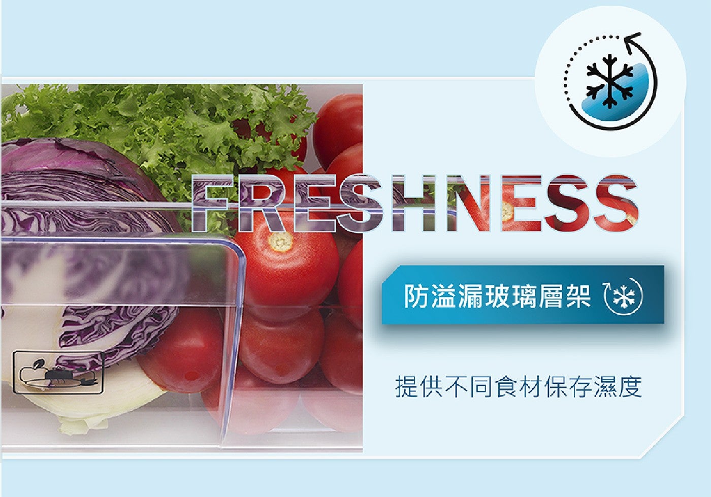 FRESHNESS 防溢漏玻璃層架 提供不同食材保存濕度