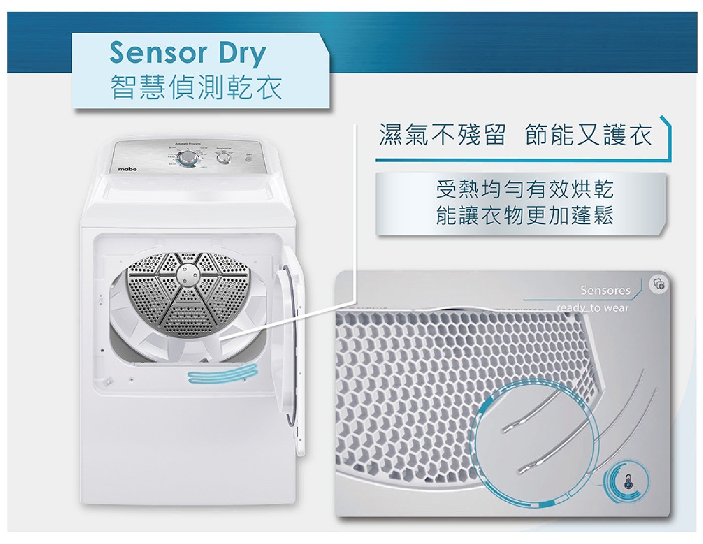 Sensor Dry 智慧偵測乾衣 mabe 濕氣不殘留 節能又護衣 受熱均勻有效烘乾 能讓衣物更加蓬鬆 Sensores ready to wear
