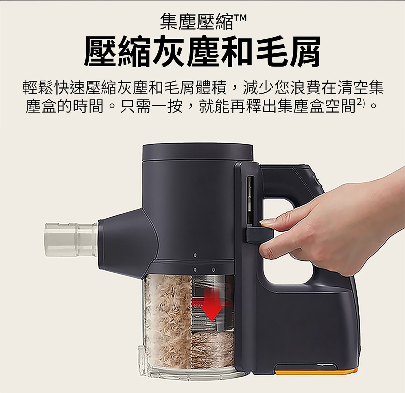 集塵壓縮TTM 壓縮灰塵和毛屑 輕鬆快速壓縮灰塵和毛屑體積,減少您浪費在清空集 塵盒的時間。只需一按,就能再釋出集塵盒空間2。