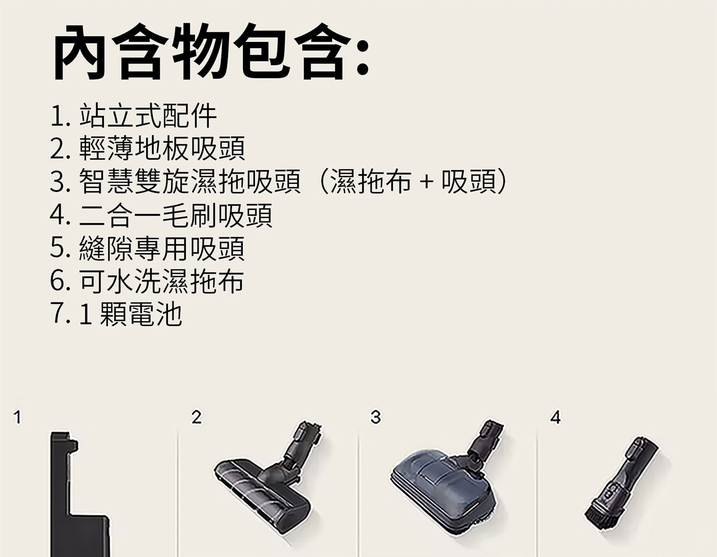 1 內含物包含: 1. 站立式配件 2. 輕薄地板吸頭 3. 智慧雙旋濕拖吸頭濕拖布+吸頭 4. 二合一毛刷吸頭 5.縫隙專用吸頭 6. 可水洗濕拖布 7.1 顆電池 2 3 4