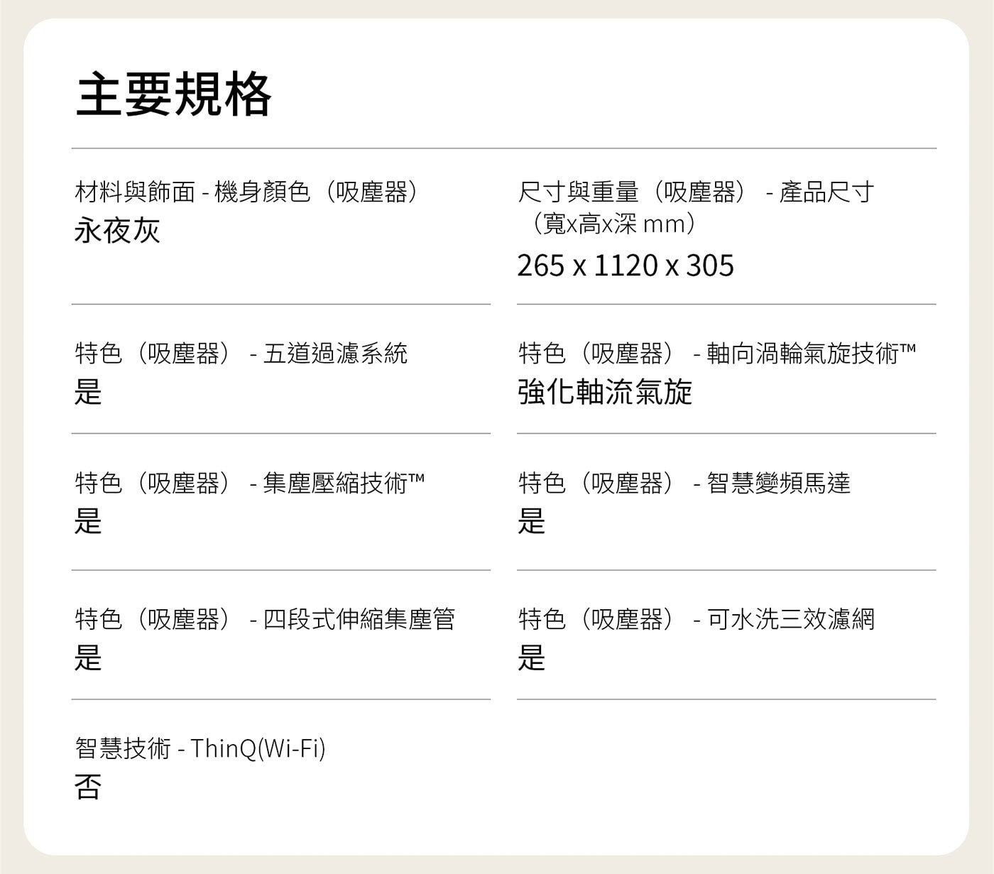 主要規格 材料與飾面 - 機身顏色吸塵器 永夜灰 尺寸與重量吸塵器...智慧變頻馬達 特色吸塵器-四段式伸縮集塵管 智慧技術 ThinQWi-Fi 否 特色吸塵器-可水洗三效濾網