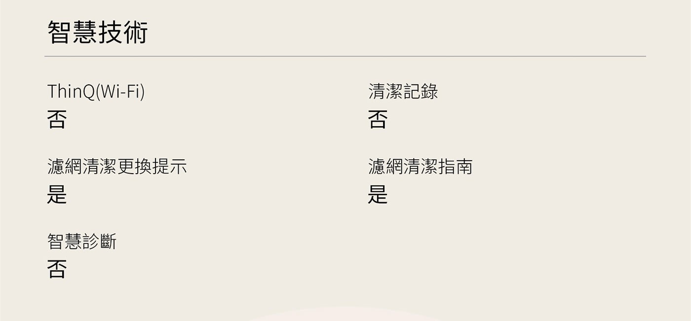 智慧技術 ThinQWi-Fi 清潔記錄 否 濾網清潔更換提示 濾網清潔指南 是 智慧診斷