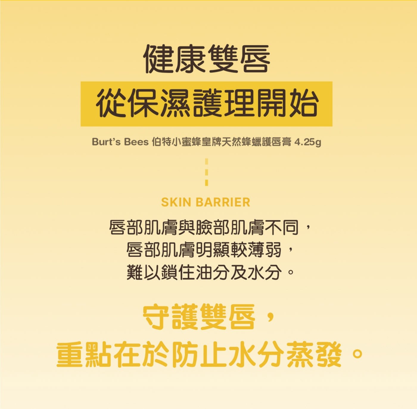 健康雙唇從保濕護理開始 Burts Bees 伯特小蜜蜂皇牌天然蜂蠟護唇膏4.25g 唇部肌膚與臉部肌膚不同, 唇部肌膚明顯較薄弱, 難以鎖住油分及水分守護雙唇, 重點在於防止水分蒸發