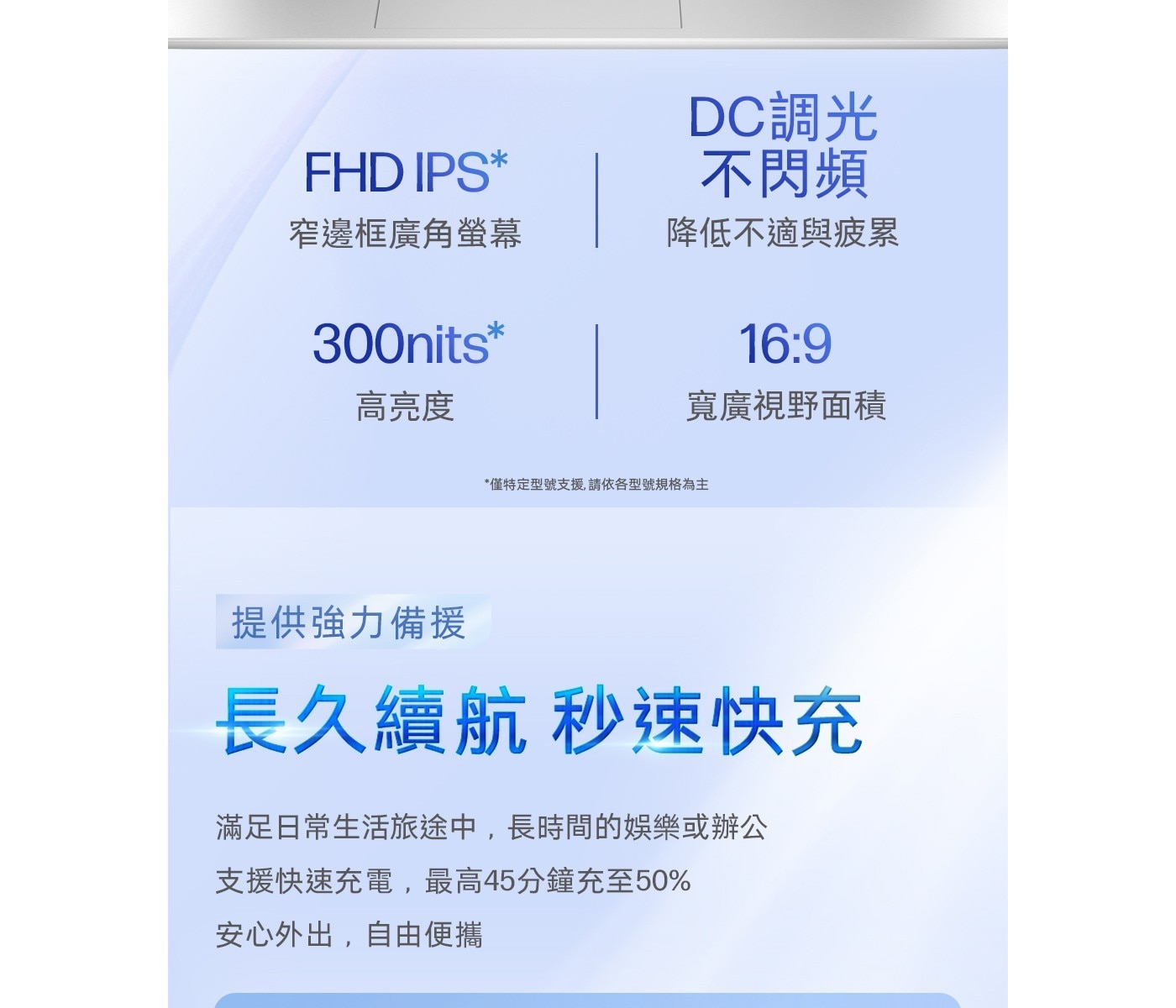 FHD IPS* 不閃頻 窄邊框廣角螢幕 降低不適與疲累 300nits* 16:9 高亮度 寬廣視野面積