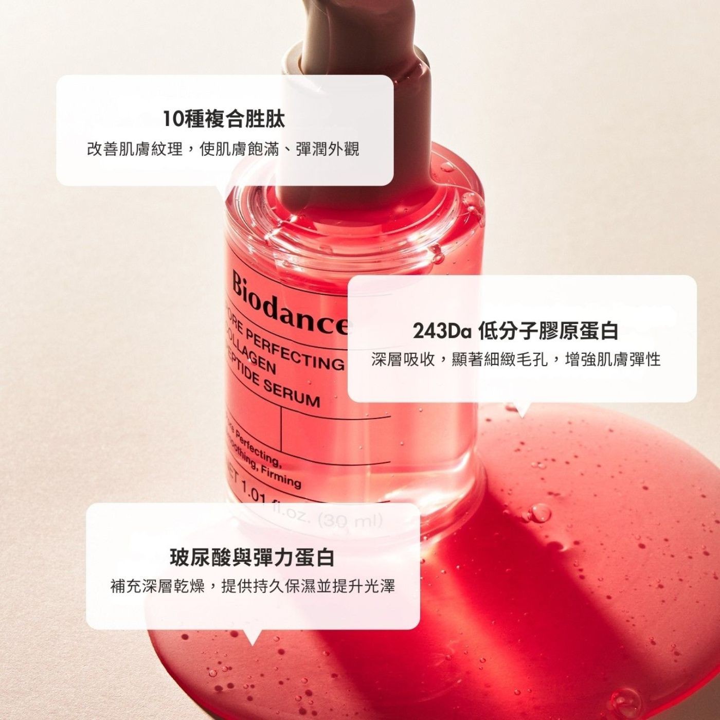 10種複合胜肽 改善肌膚紋理,使肌膚飽滿、彈潤外觀 玻尿酸與彈力蛋白 補充深層乾燥,提供持久保濕並提升光澤