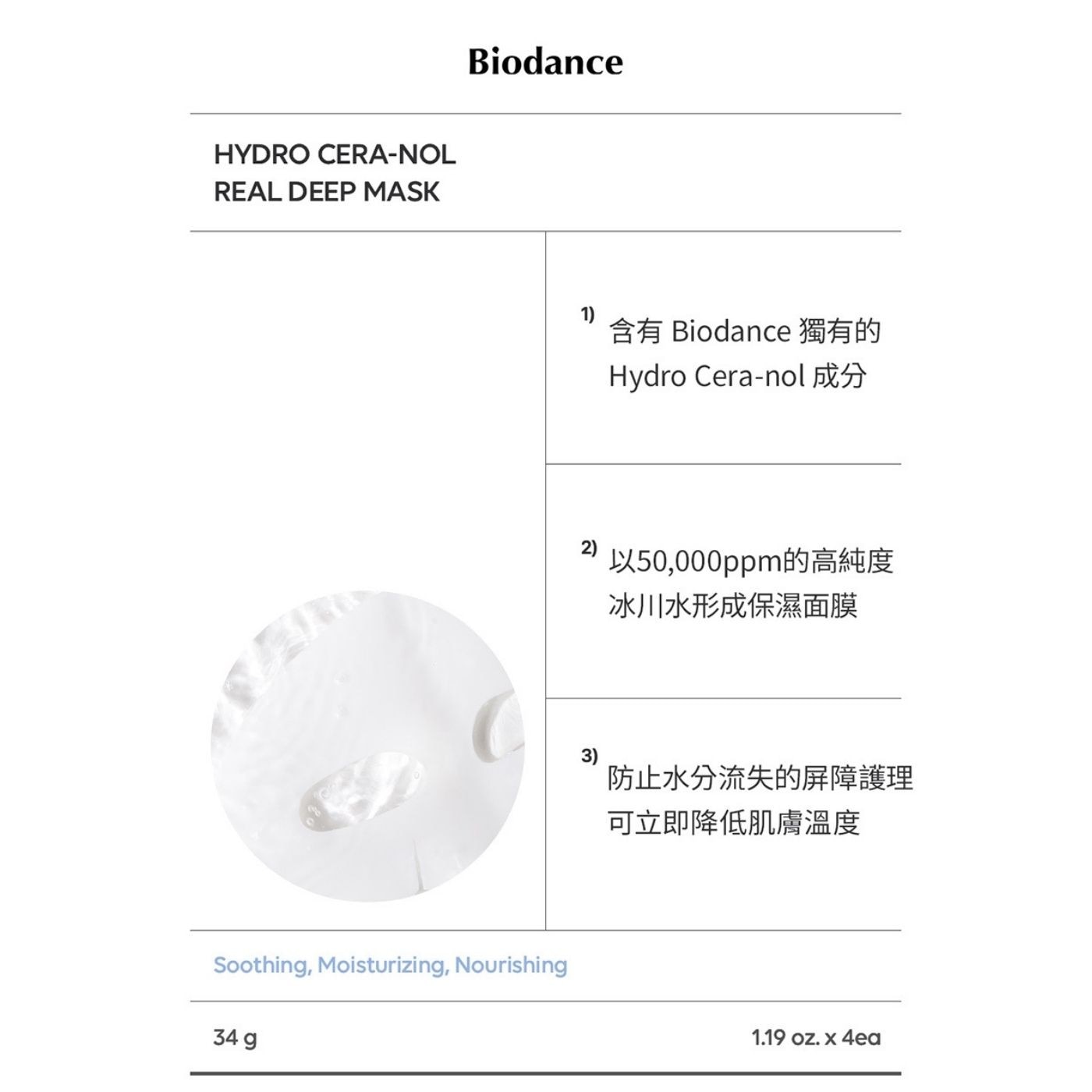 Biodance 1) 含有Biodance獨有的 Hydro Cera-nol 成分 2)以50,000ppm的高純度 冰川水形成保濕面膜 3) 防止水分流失的屏障護理 可立即降低肌膚溫度