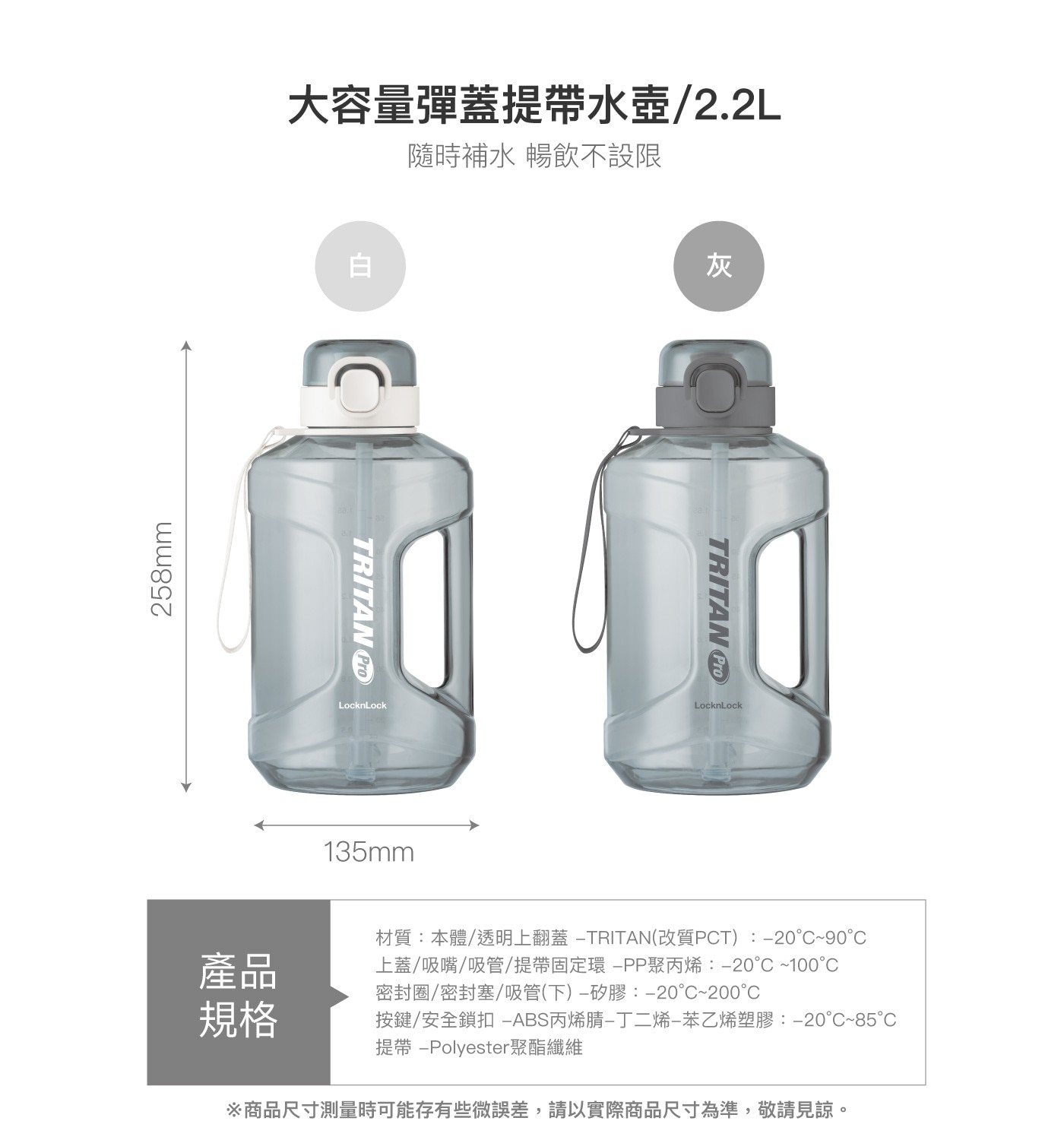 258mm 大容量彈蓋提帶水壺/2.2L 隨時補水 暢飲不設限 白 TRITAN Pro