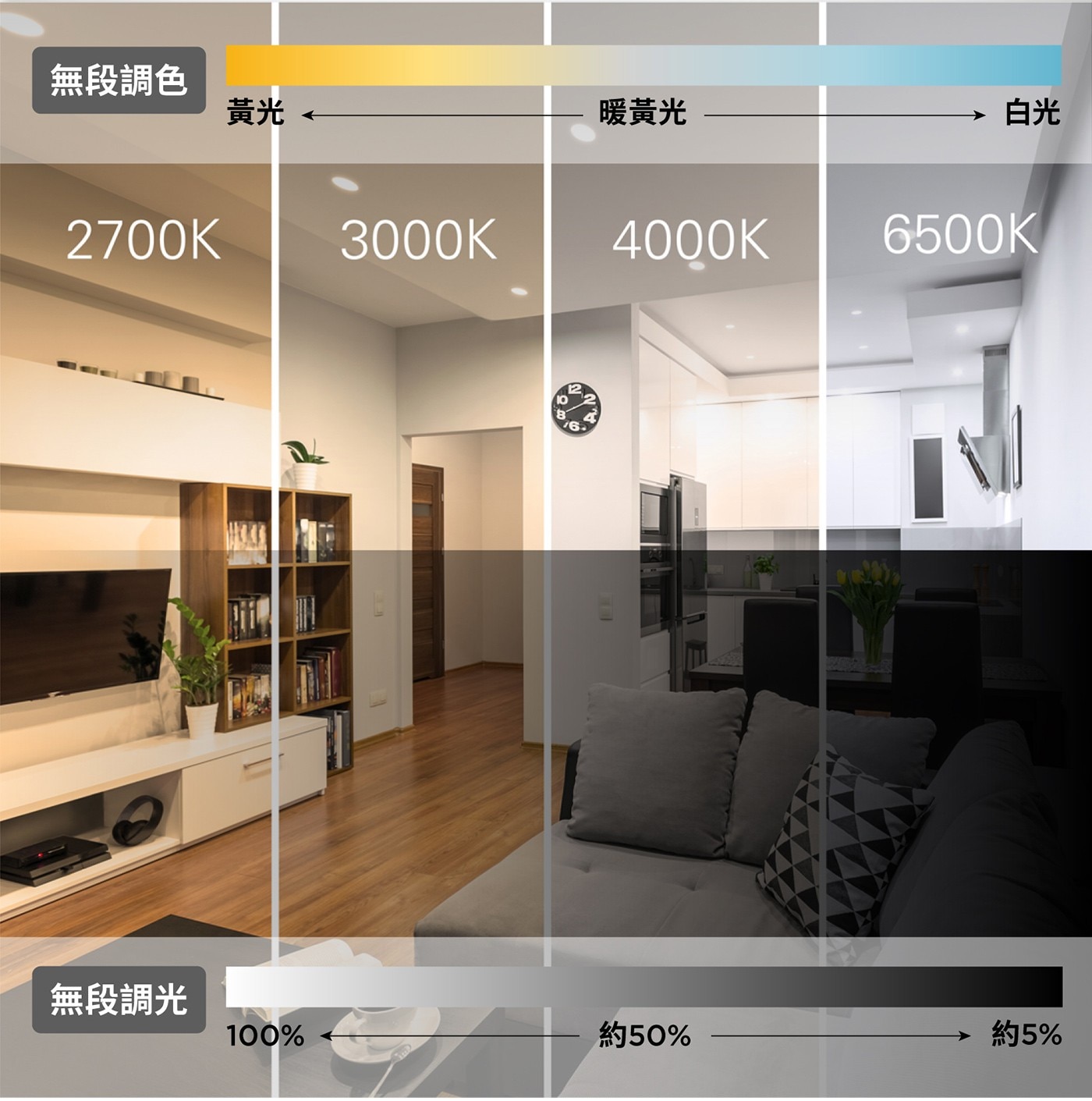 無段調色 黃光 2700K 暖黃光 白光 3000K 4000K 6500K B 12 6 無段調光 100 約50 約5