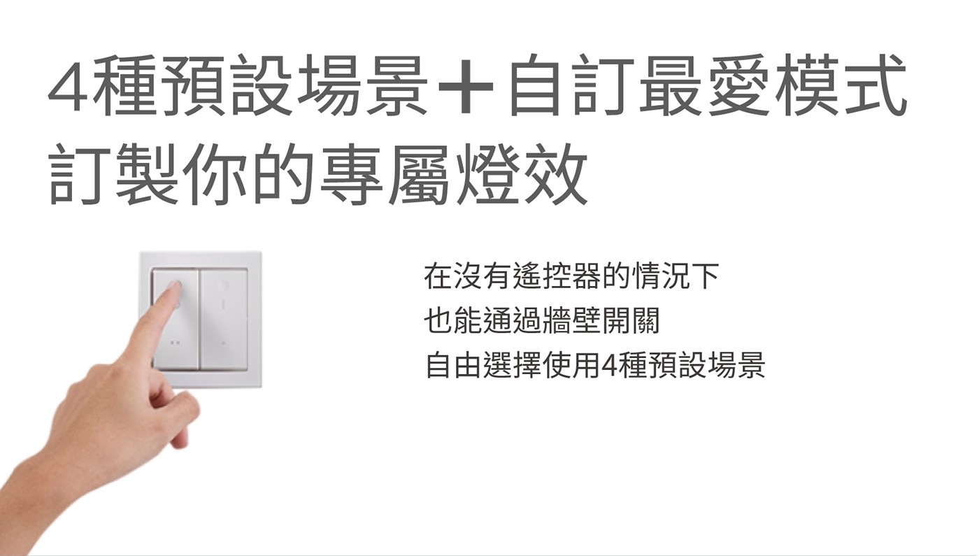 4種預設場景+自訂最愛模式 訂製你的專屬燈效 在沒有遙控器的情況下 也能通過牆壁開關 自由選擇使用4種預設場景