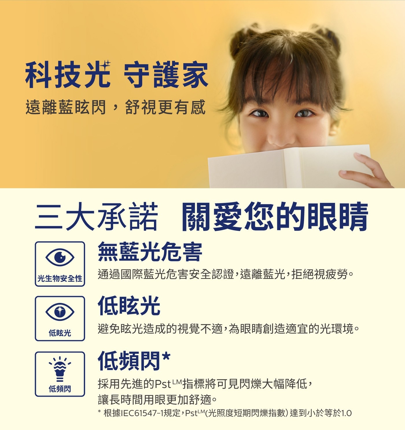科技光 守護家 遠離藍眩閃,舒視更有感 三大承諾 關愛您的眼睛 無藍...讓長時間用眼更加舒適。 根據IEC-1規定,Pst-M光照度短期閃爍指數達到小於等於1.0