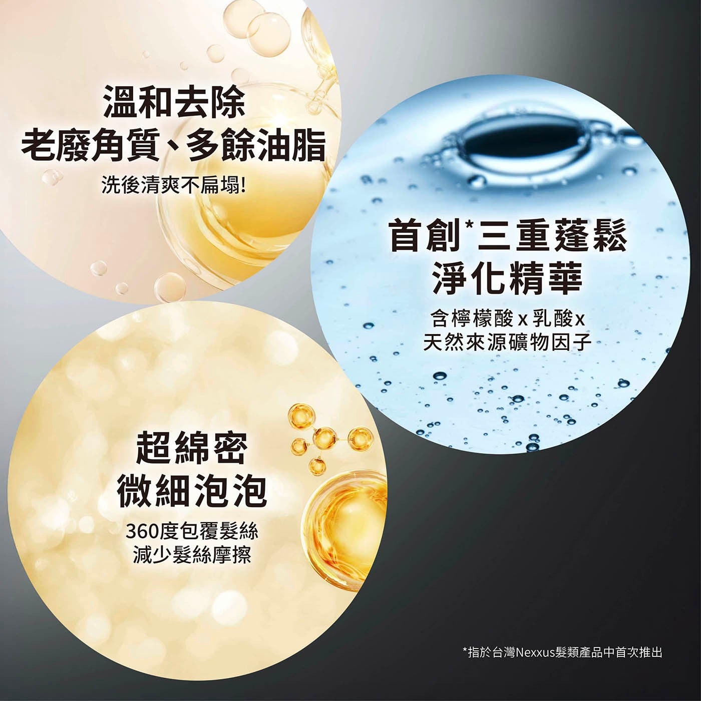 溫和去除 老廢角質多餘油脂 洗後清爽不扁塌 首創3重蓬鬆 淨化精華 含檸檬酸乳酸x 天然來源礦物因子 超綿密 微細泡泡 360度包覆髮絲 減少髮絲摩擦 指於台灣Nexxus髮類產品中首次推出