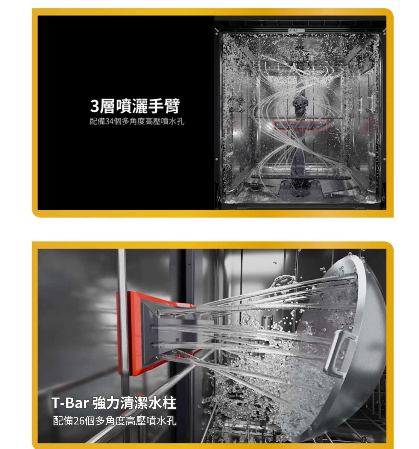 3層噴灑手臂 配備34個多角度高壓噴水孔 T-Bar強力清潔水柱 配備26個多角度高壓噴水孔