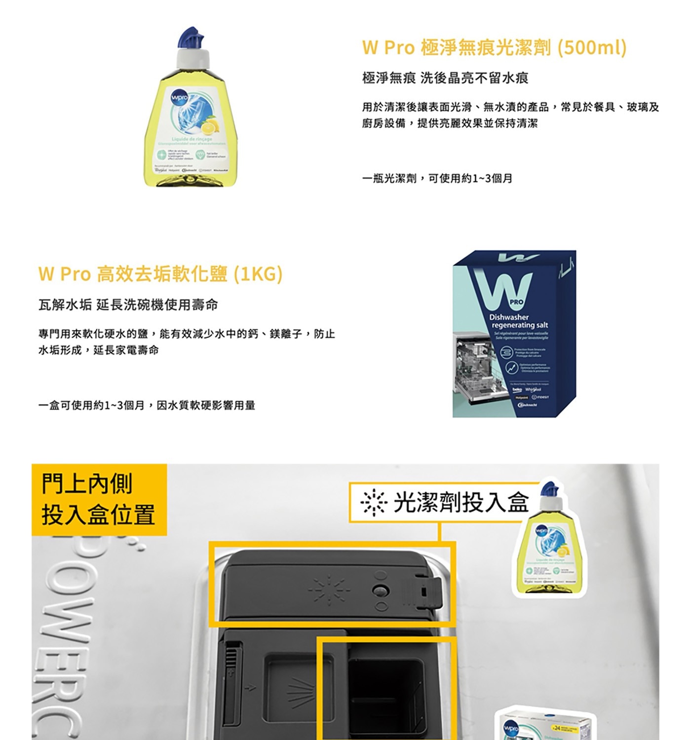WPro 極淨無痕光潔劑(500ml) 極淨無痕 洗後晶亮不留水痕 Wpro 用於清潔後讓表面光滑、無水漬的產品,常見於餐具、玻璃及 廚房設備,提供亮麗效果並保持清潔 1瓶光潔劑,可使用約1~3個月
