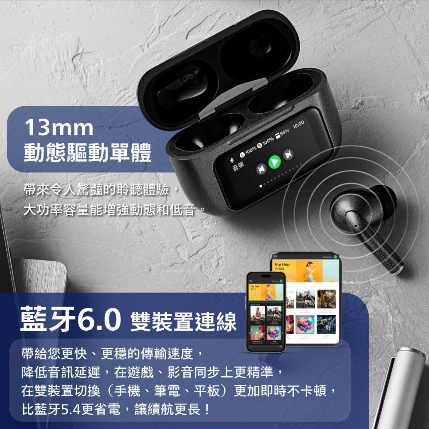 藍牙6.0 雙裝置連線 帶給您更快、更穩的傳輸速度, 降低音訊延遲,在遊戲、影音同步上更精準, 在雙裝置切換(手機、筆電、平板)更加即時不卡頓, 比藍牙5.4更省電,讓續航更長!