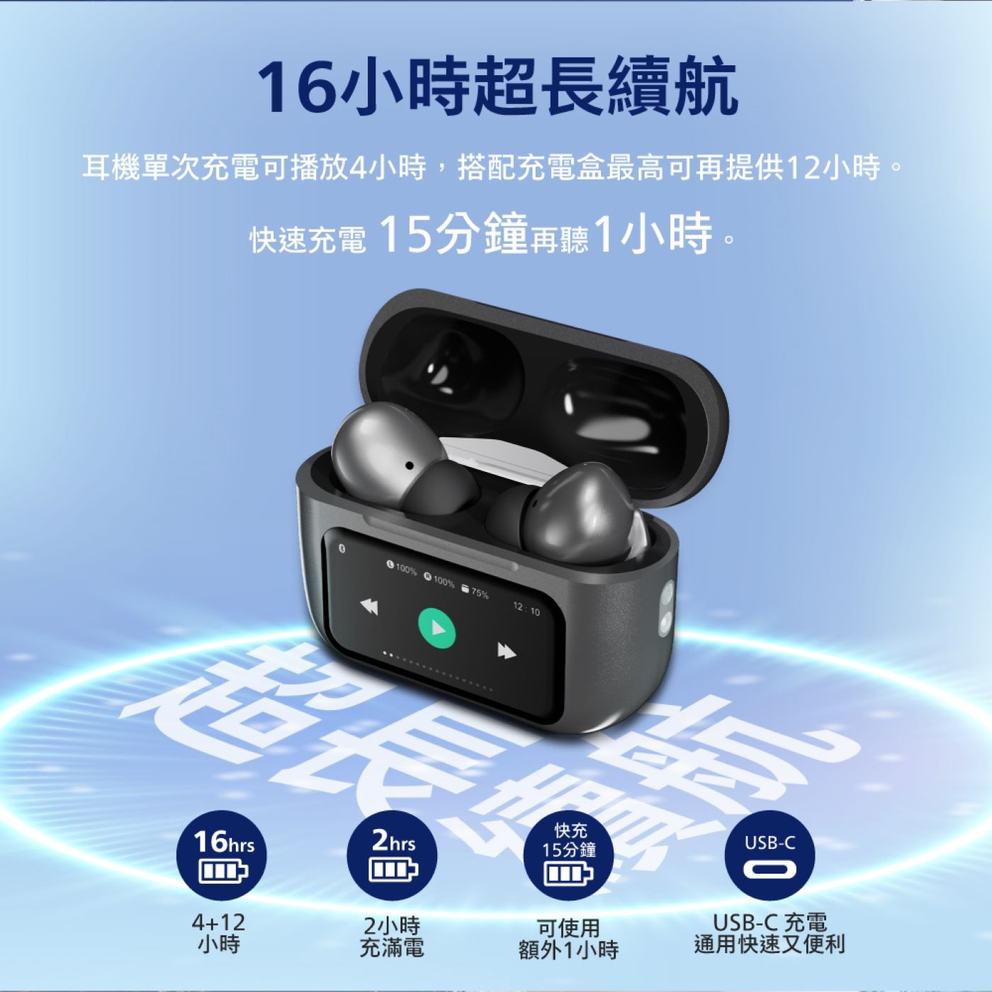16小時超長續航 耳機單次充電可播放4小時,搭配充電盒最高可再提供12小時。 快速充電15分鐘再聽1小時。