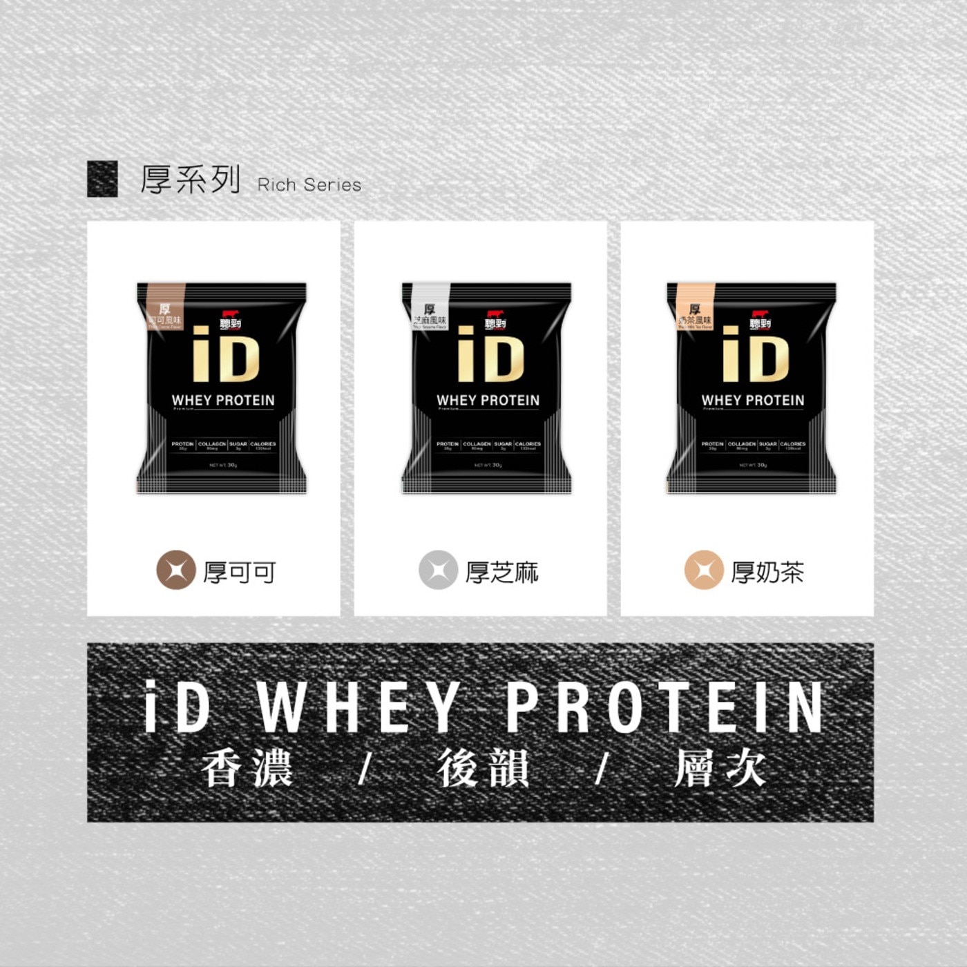 厚系列 Rich Series 厚 可可風味 聰勁 芝麻風味 iD WHEY PROTEIN PROTON COLLAGEN SUGAR CALORIES PROTEN HOT 汽茶風味 厚可可...