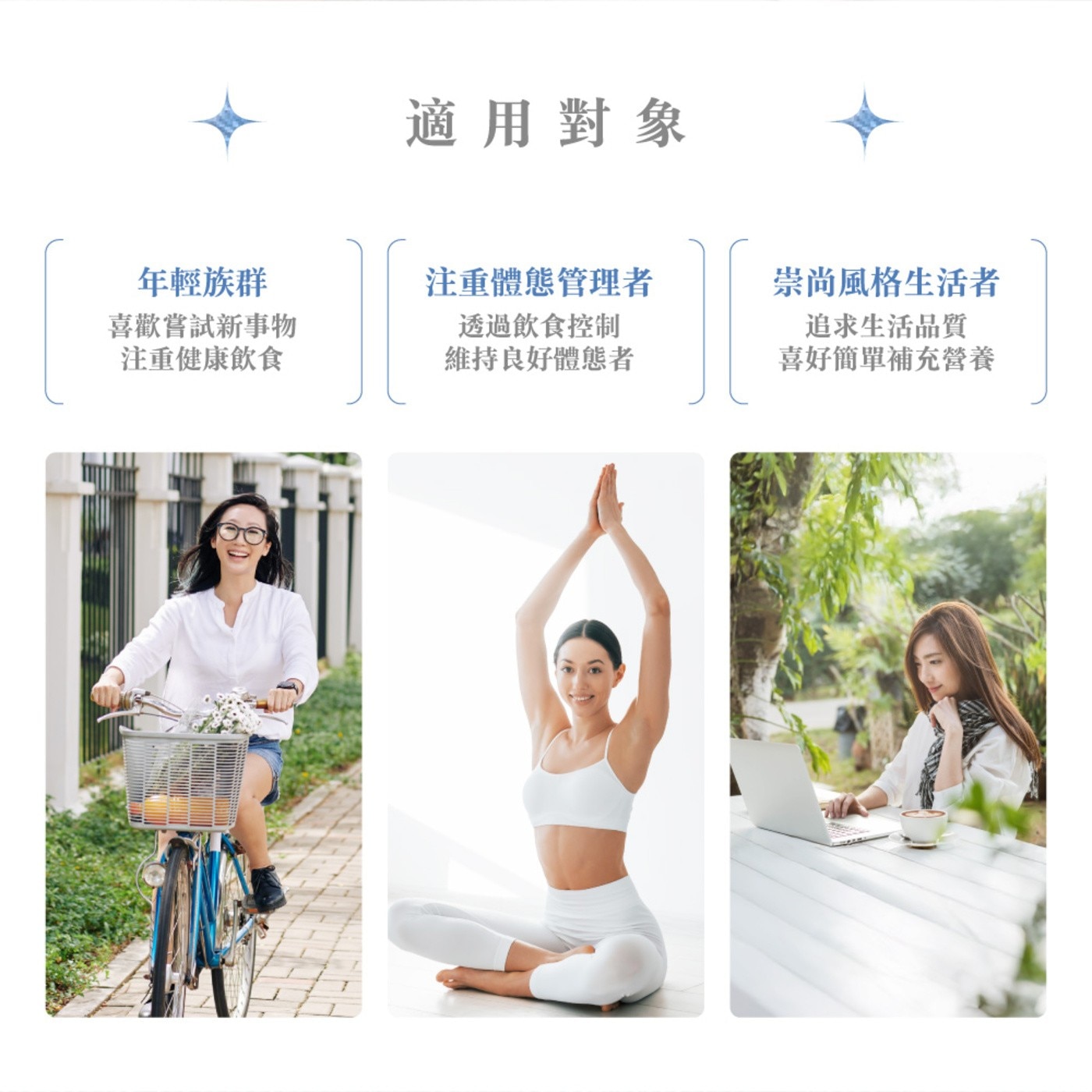 適用對象 年輕族群 注重體態管理者 崇尚風格生活者 喜歡嘗試新事物 注重健康飲食 透過飲食控制 維持良好體態者 追求生活品質 喜好簡單補充營養