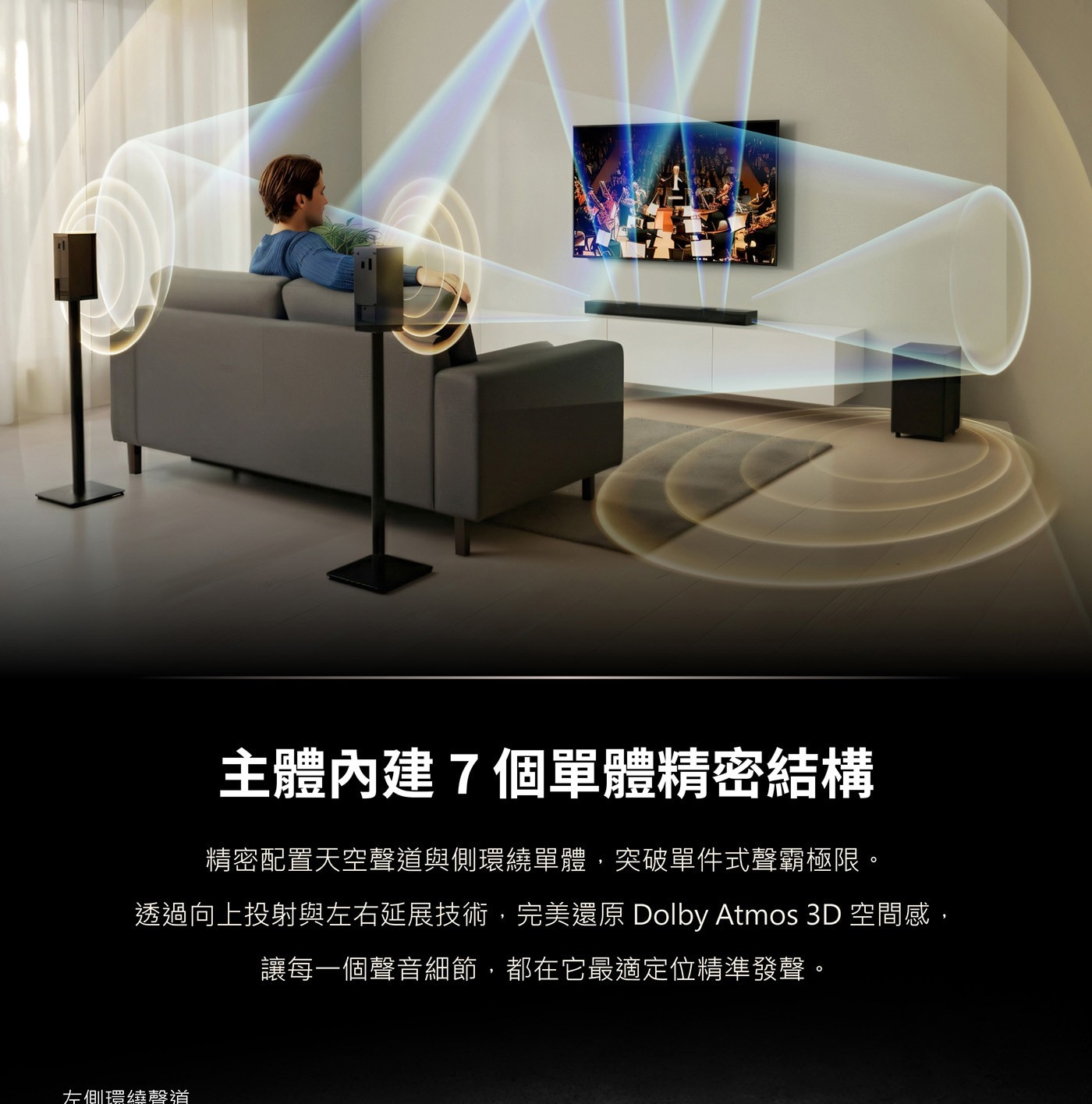 主體內建7個單體精密結構 精密配置天空聲道與側環繞單體,突破單件式聲霸極限。 透過向上投射與左右延展技術,完美還原Dolby Atmos 3D空間感, 讓每1個聲音細節,都在它最適定位精準發聲。