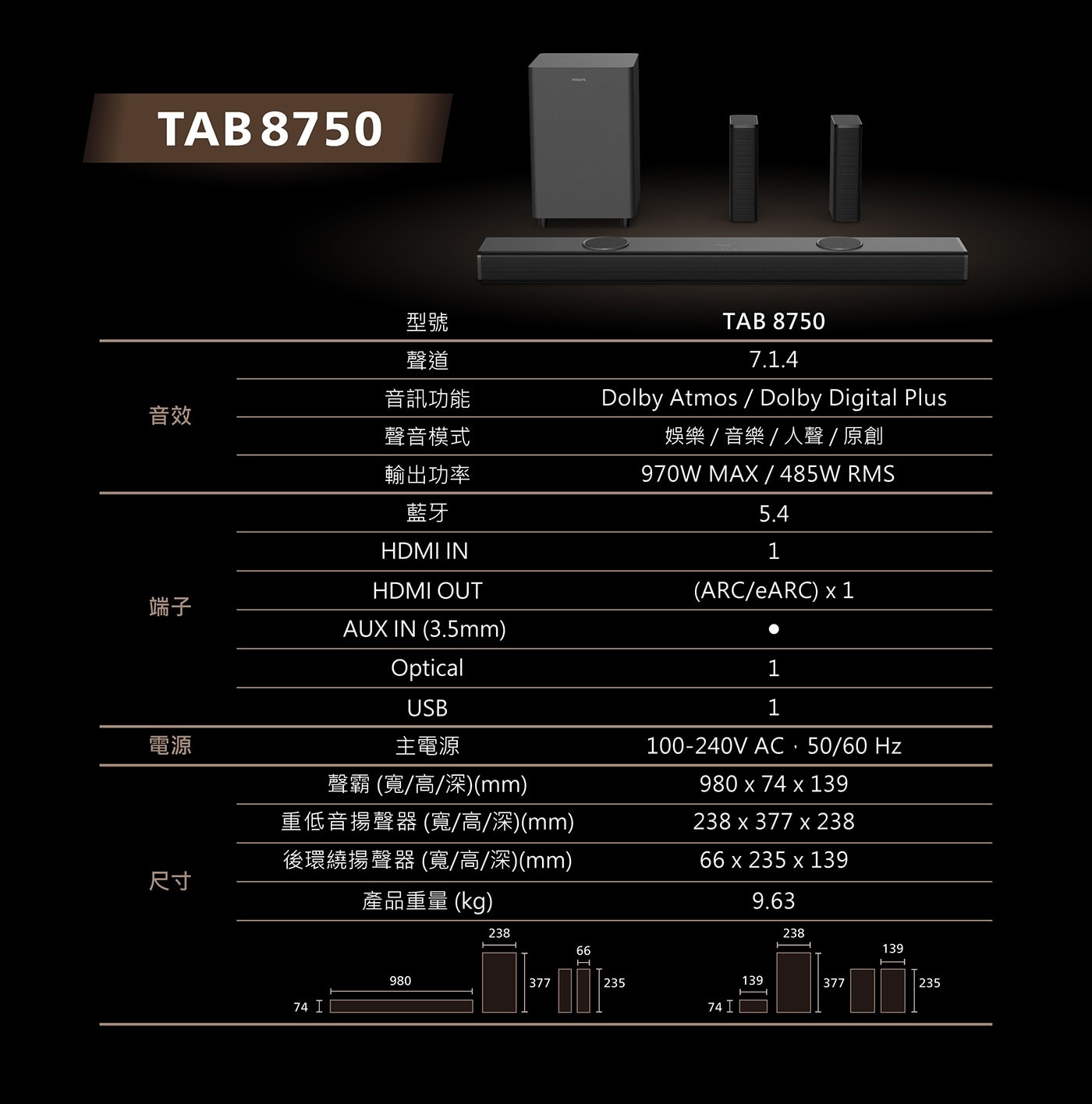 TAB8750 型號 TAB 8750 聲道 7.1.4 音效 音訊功能 Dolby Atmos / Dolby Digital Plus