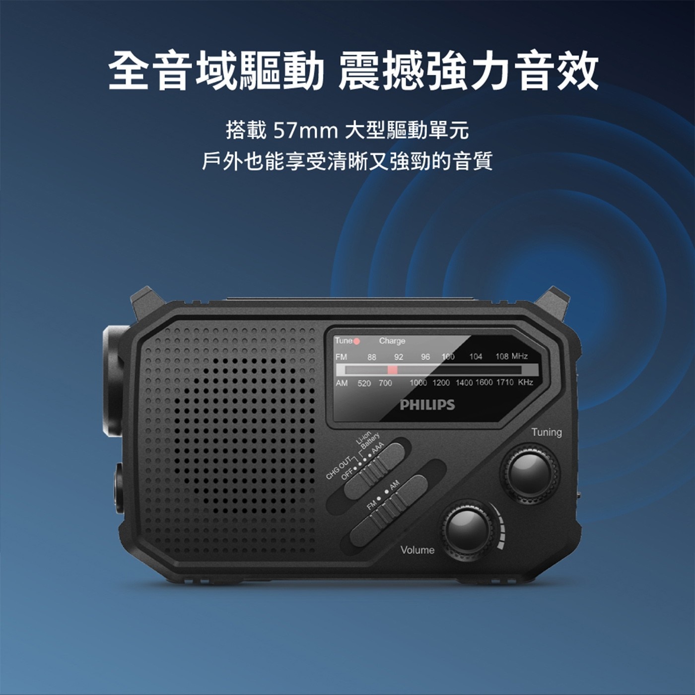全音域驅動 震撼強力音效 搭載57mm 大型驅動單元 戶外也能享受清...1710 KHz Li-ion Battery AAA CHG OUT OFF PHILIPS Volume Tuning