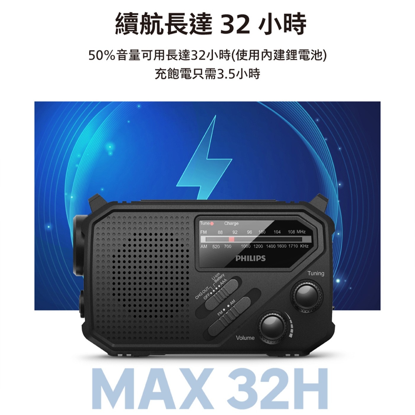 續航長達32小時 50音量可用長達32小時使用內建鋰電池 充飽電只需...Li-ion Battery CHG OUT Ba OFF... AAA Volume Tuning MAX 32H