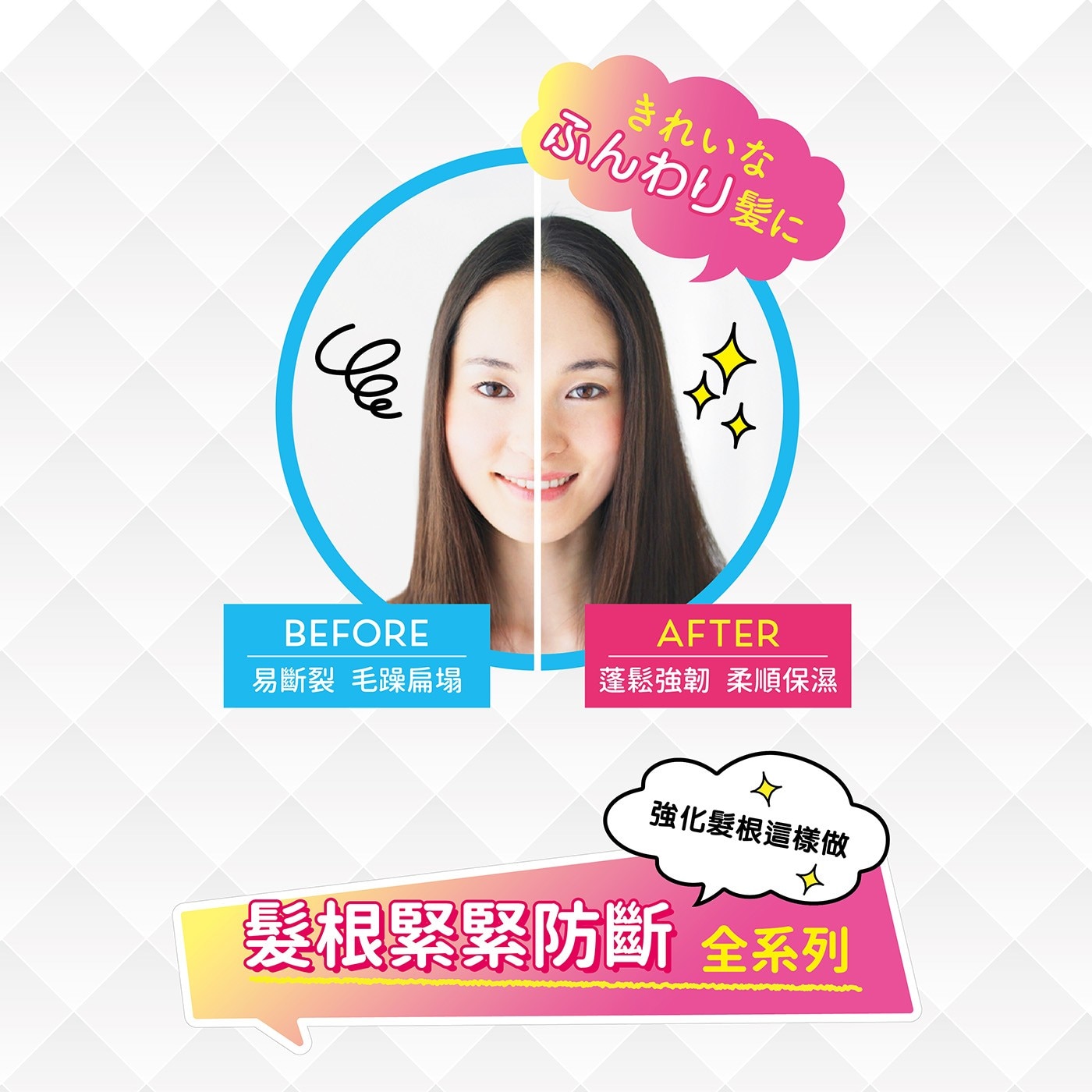 AFTER 易斷裂 毛躁扁塌 蓬鬆強韌 柔順保濕 強化髮根這樣做 髮根緊緊防斷 全系列
