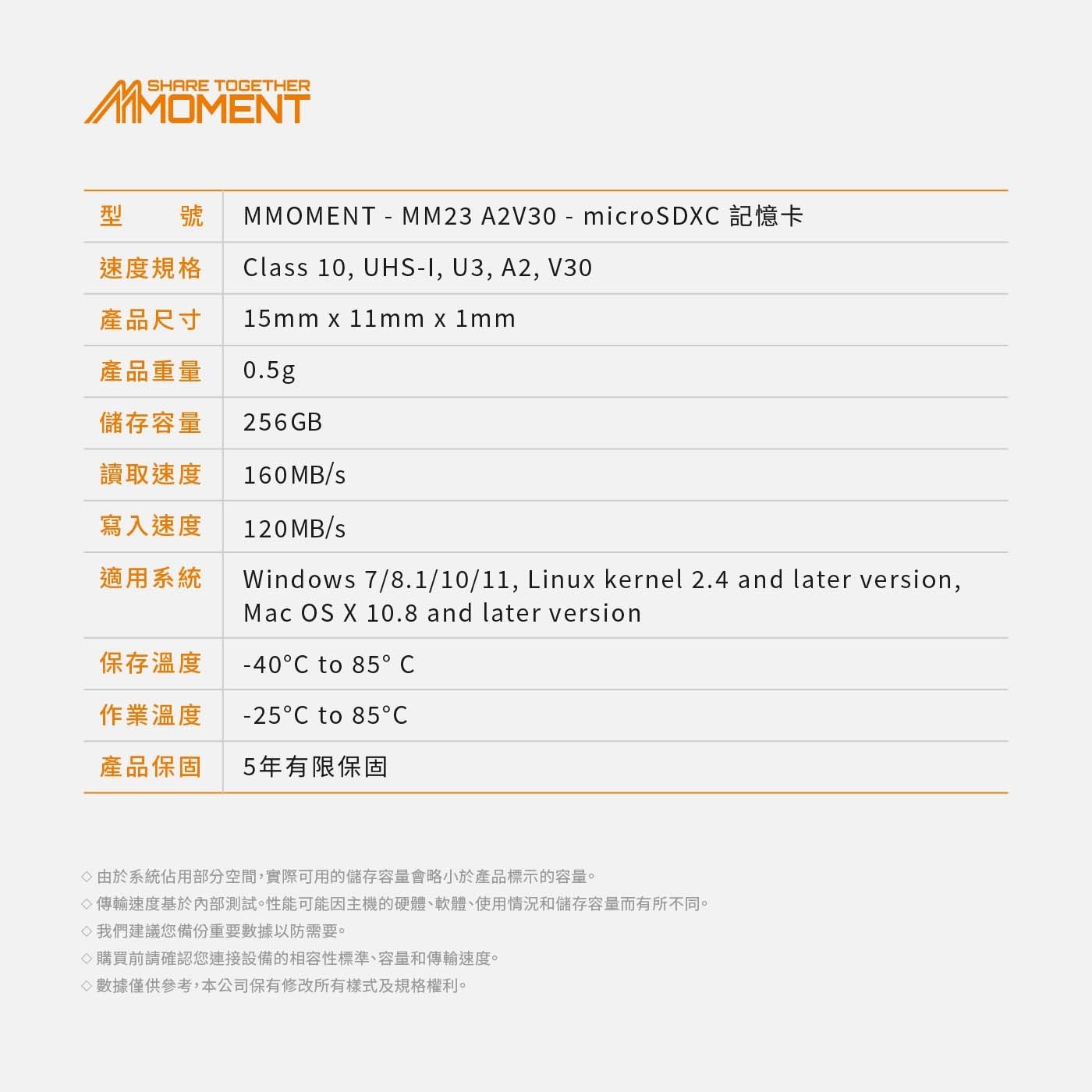 型 號 MMOMENT-MM23 A2V30-microSDXC 記憶卡 速度規格 Class 10, UHS-I, U3, A2, V30 產品尺寸 15mm x 11mm x1mm 產品重量 0.5g 儲存容量 256GB