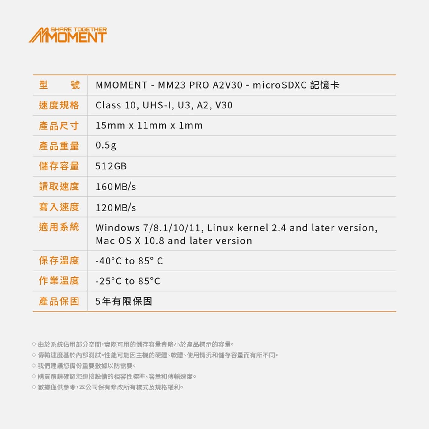 MMOMENT - MM23 PRO A2V30 - microSDXC 記憶卡 速度規格 Class 10, UHS-I, U3, A2, V30 產品尺寸 15mm x 11mm x1mm 產品重量 0.5g 儲存容量 512GB 讀取速度
