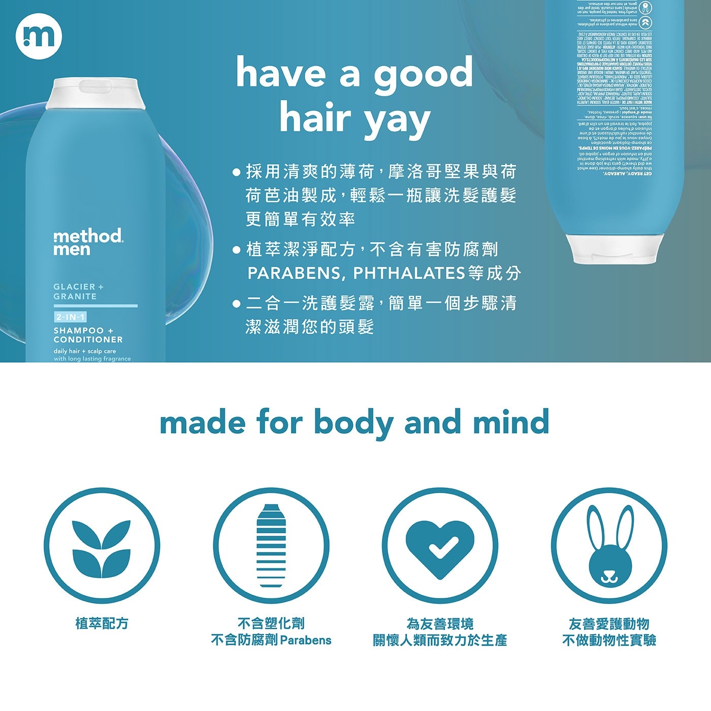 採 用 清 爽 的 薄 荷 , 摩 洛 哥 堅 果 與 荷 荷芭油製成,輕鬆1瓶讓洗髮護髮 更簡單有效率 ●植萃潔淨配方,不含有害防腐劑 PARABENS,PHTHALATES等成分 ●2合1洗護髮露,簡單1個步驟清 潔滋潤您的頭髮