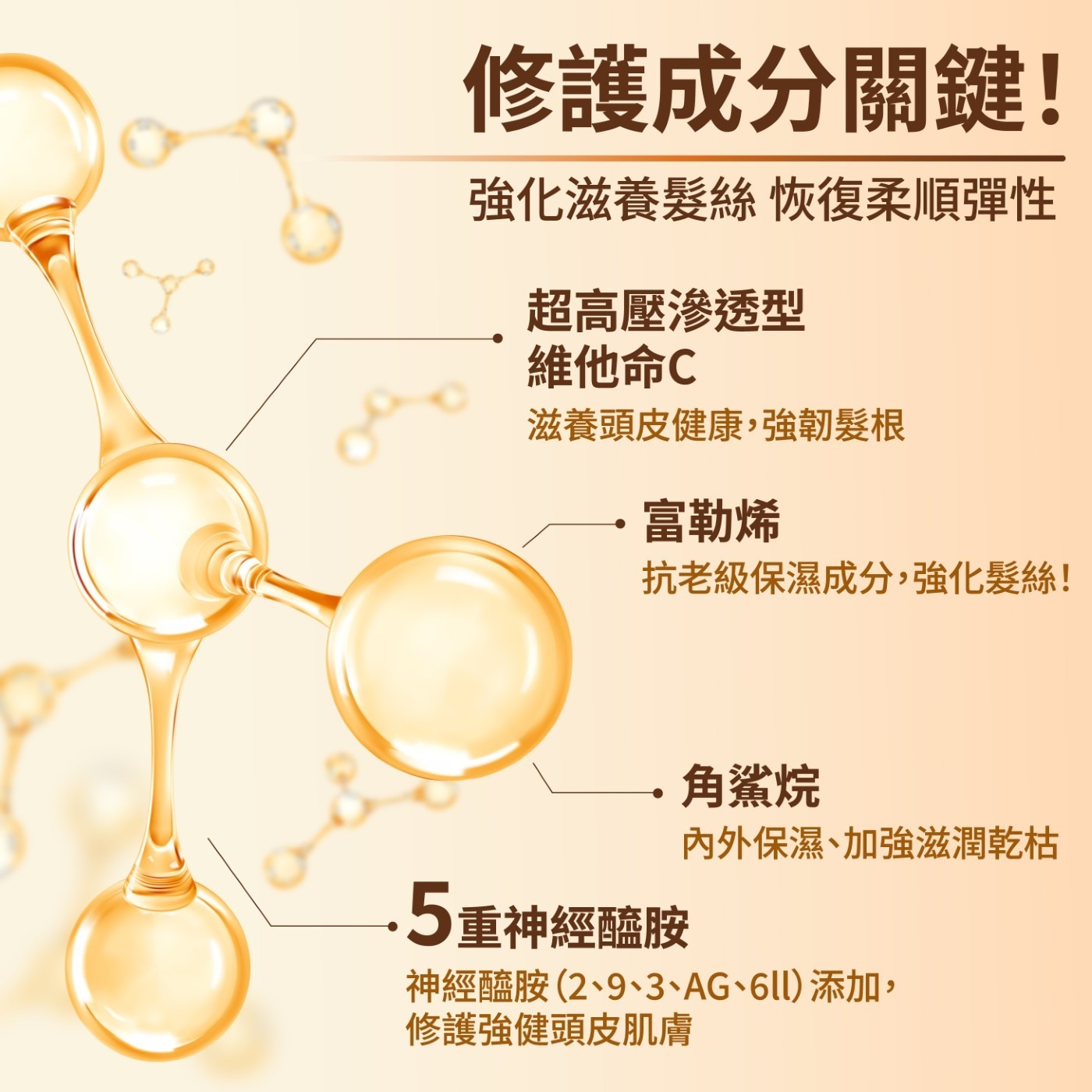 修護成分關鍵! 強化滋養髮絲 恢復柔順彈性 超高壓滲透型 維他命C 滋養頭皮健康,強韌髮根 富勒烯 抗老級保濕成分,強化髮絲!