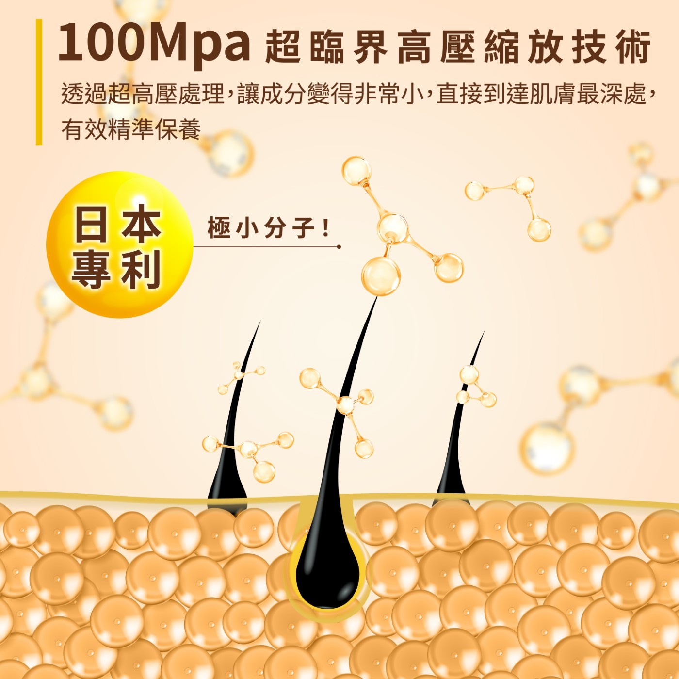 100Mpa超臨界高壓縮放技術 透過超高壓處理,讓成分變得非常小,直接到達肌膚最深處, 有效精準保養 日本 極小分子! 專利