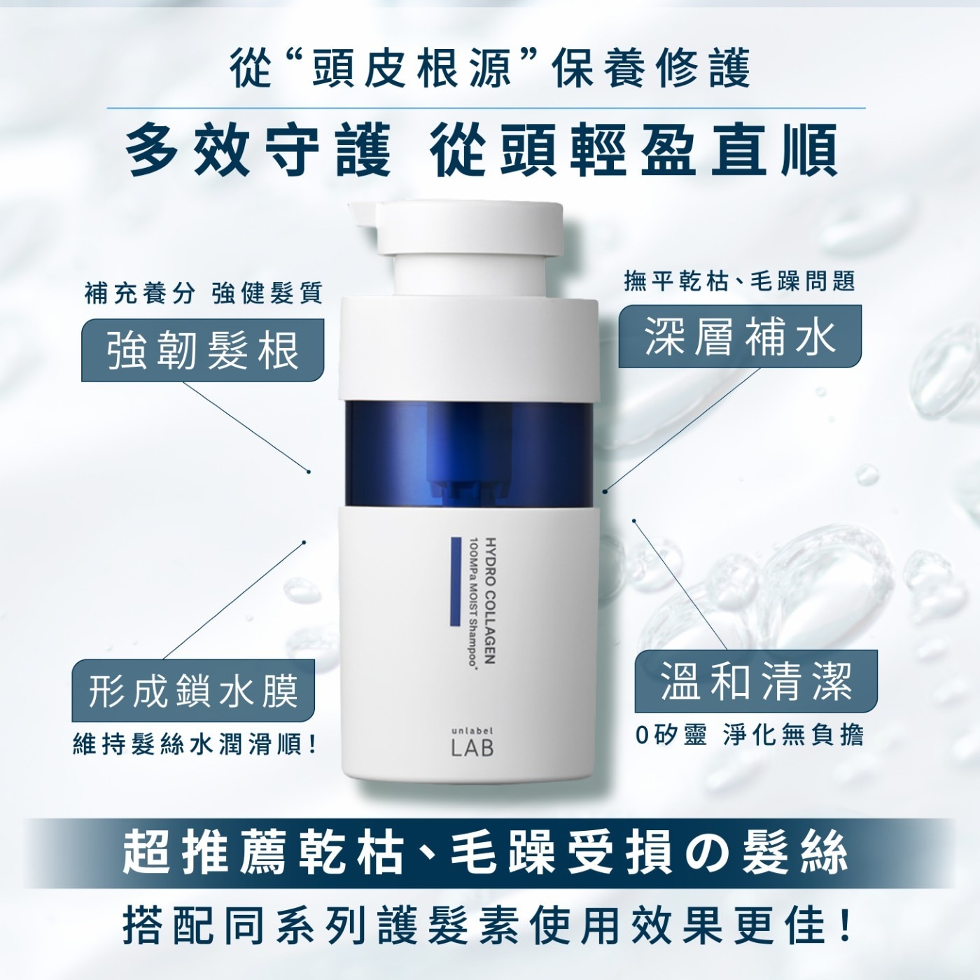 從“頭皮根源”保養修護 多效守護 從頭輕盈直順 補充養分 強健髮質 撫平乾枯、毛躁問題 強韌髮根 深層補水