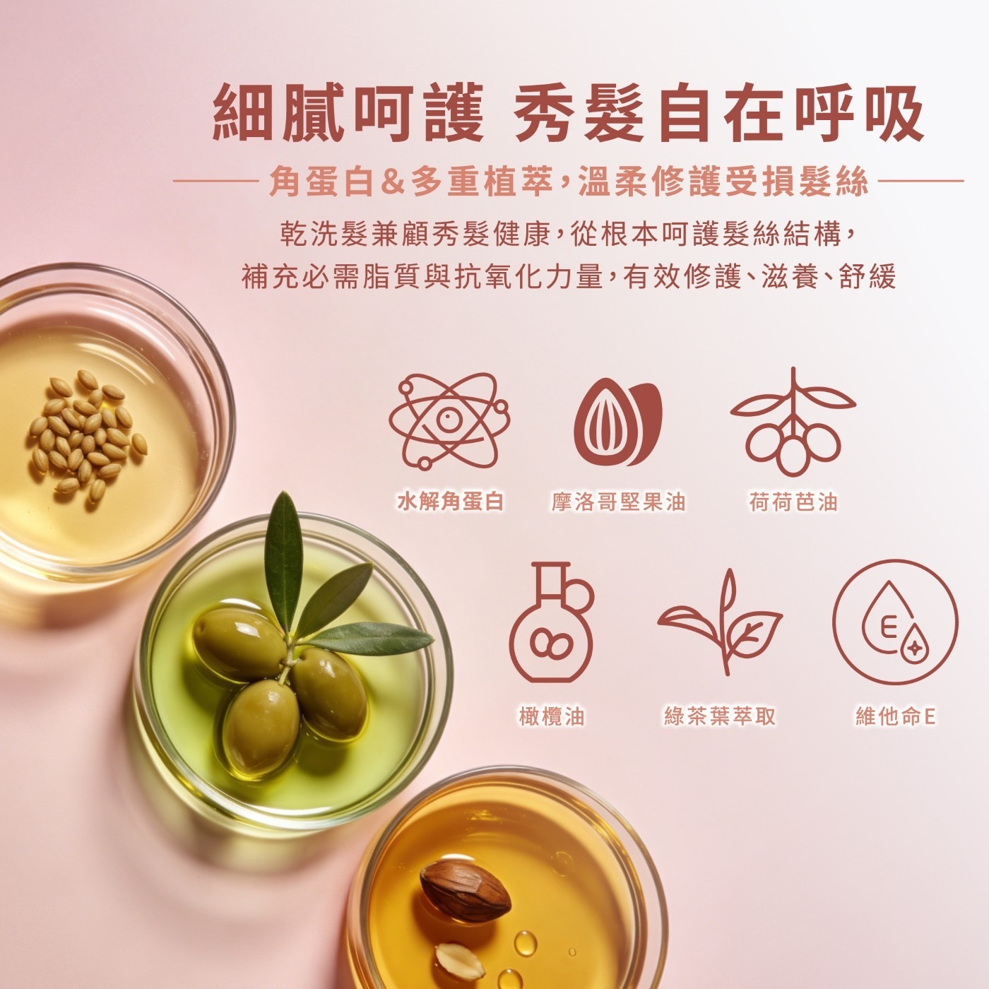 細膩呵護 秀髮自在呼吸 -角蛋白&多重植萃,溫柔修護受損髮絲 乾洗髮兼顧秀髮健康,從根本呵護髮絲結構, 補充必需脂質與抗氧化力量,有效修護、滋養、舒緩