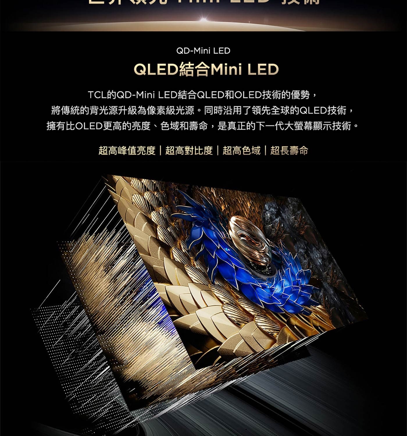 TCL的QD-Mini LED結合QLED和OLED技術的優勢, 將傳統的背光源升級為像素級光源。同時沿用了領先全球的QLED技術, 擁有比OLED更高的亮度、色域和壽命,是真正的下1代大螢幕顯示技術。