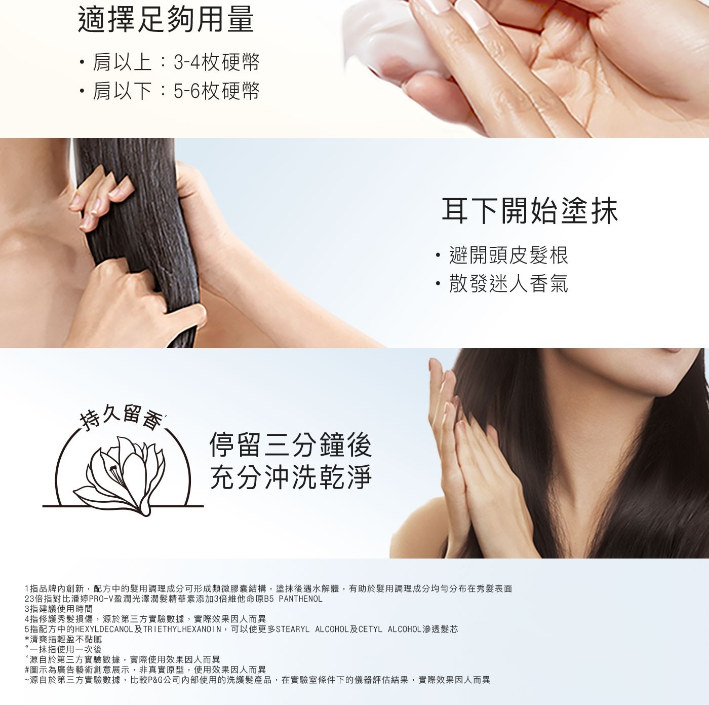 適擇足夠用量 肩以上:3-4枚硬幣 肩以下:5-6枚硬幣 持久留香...源自於第三方實驗數據,比較PG公司內部使用的洗護髮產品,在實驗室條件下的儀器評估結果,實際效果因人而異